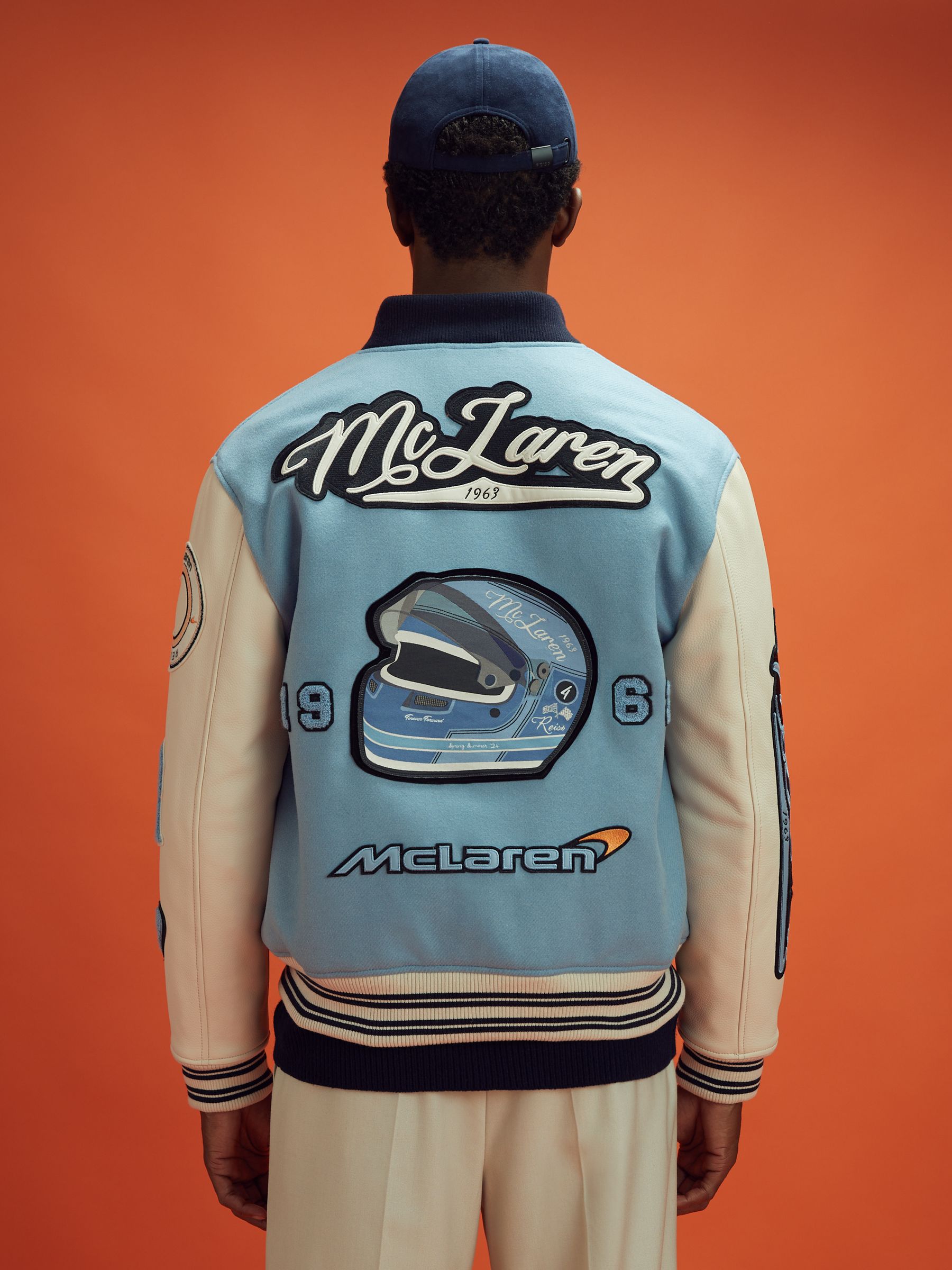 Leather Varsity Jacket in Soft Blue/Ecru - Image 5 of 11