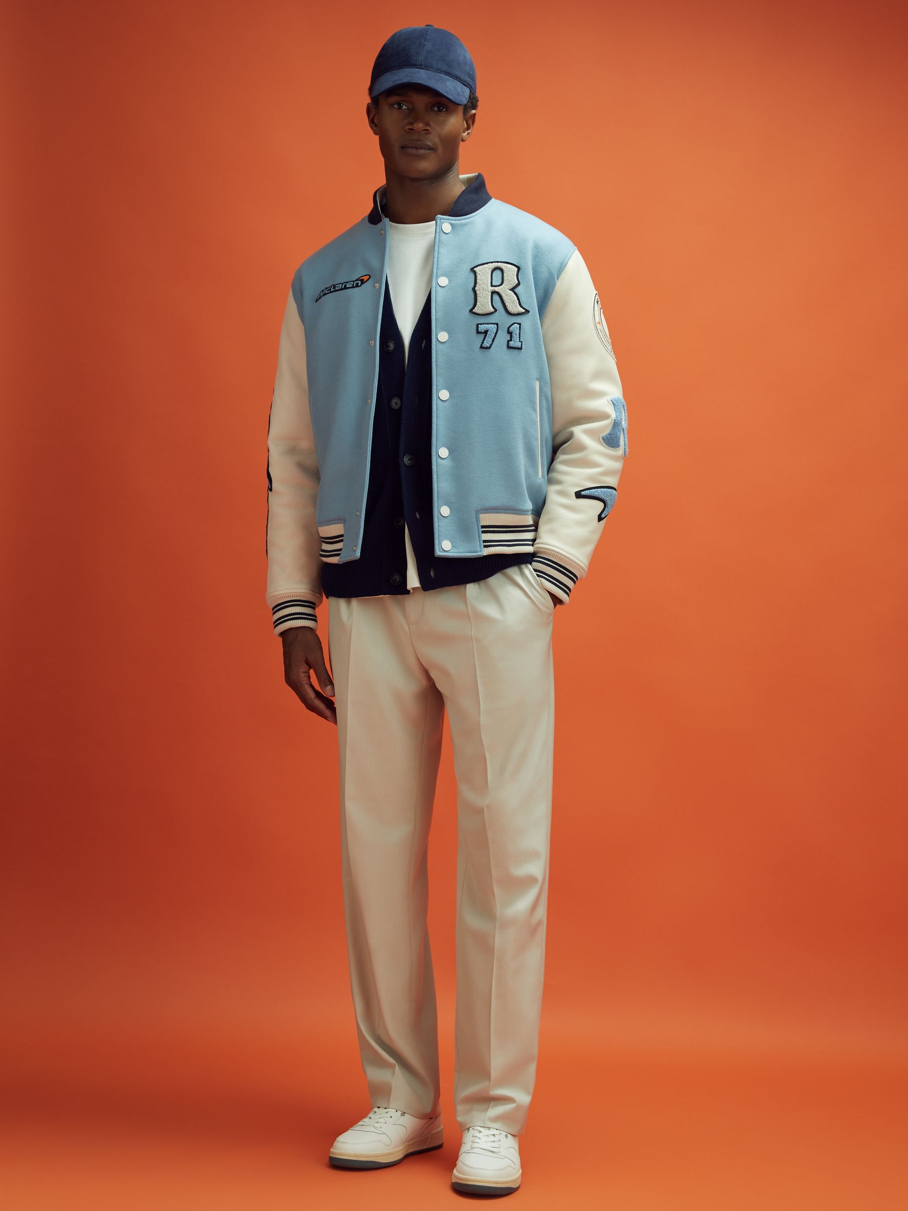Leather Varsity Jacket in Soft Blue/Ecru - Image 6 of 11