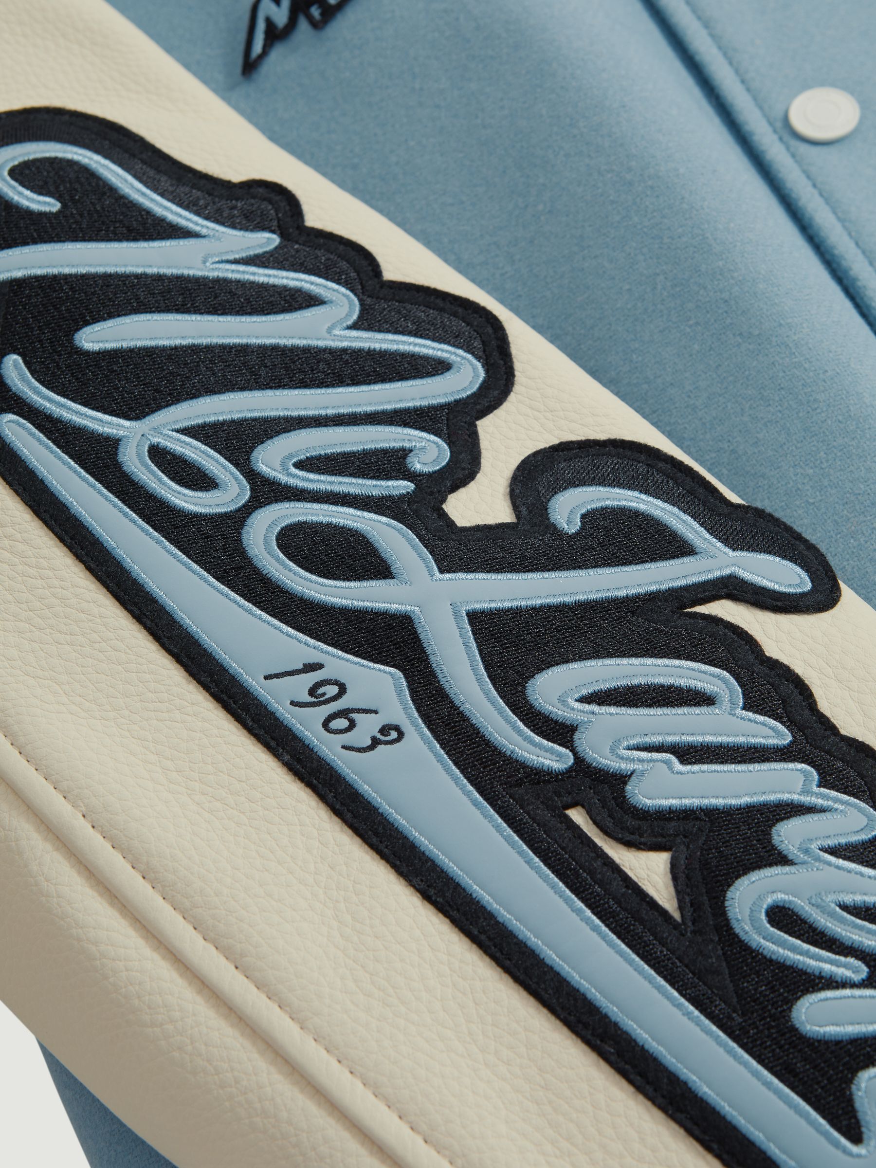 Leather Varsity Jacket in Soft Blue/Ecru - Image 8 of 11