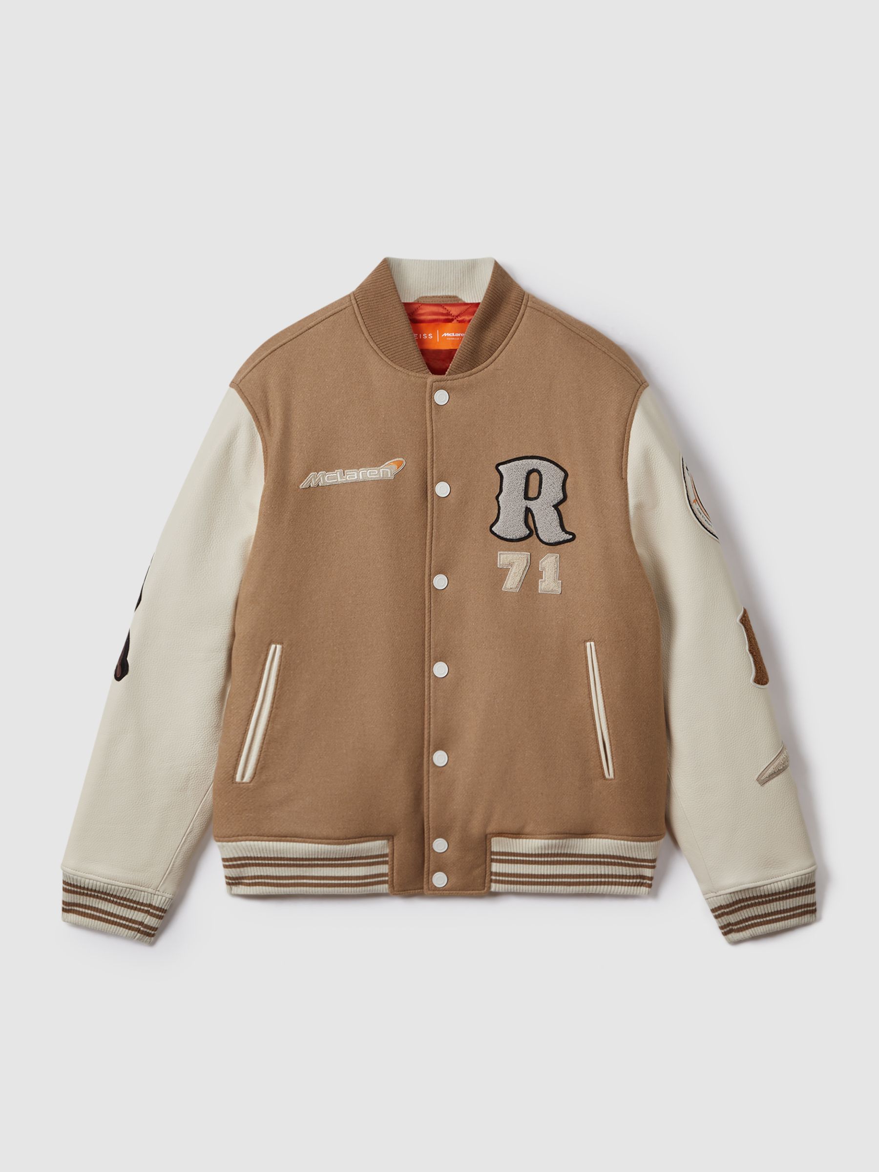 McLaren F1 Leather Varsity Jacket in Camel/Ecru - Image 2 of 9 McLaren F1 Leather Varsity Jacket in Camel/Ecru - Image 2 of 9