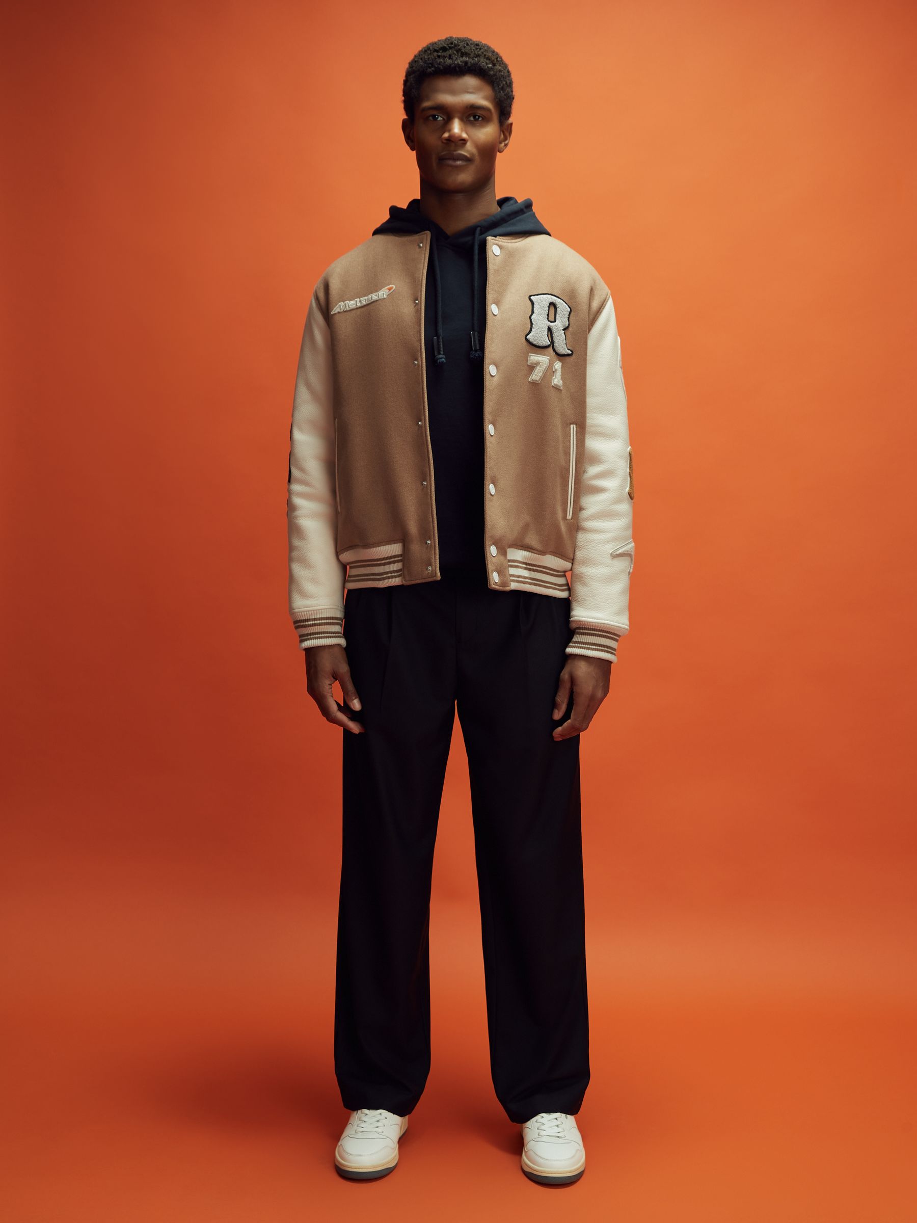 McLaren F1 Leather Varsity Jacket in Camel/Ecru - Image 3 of 9