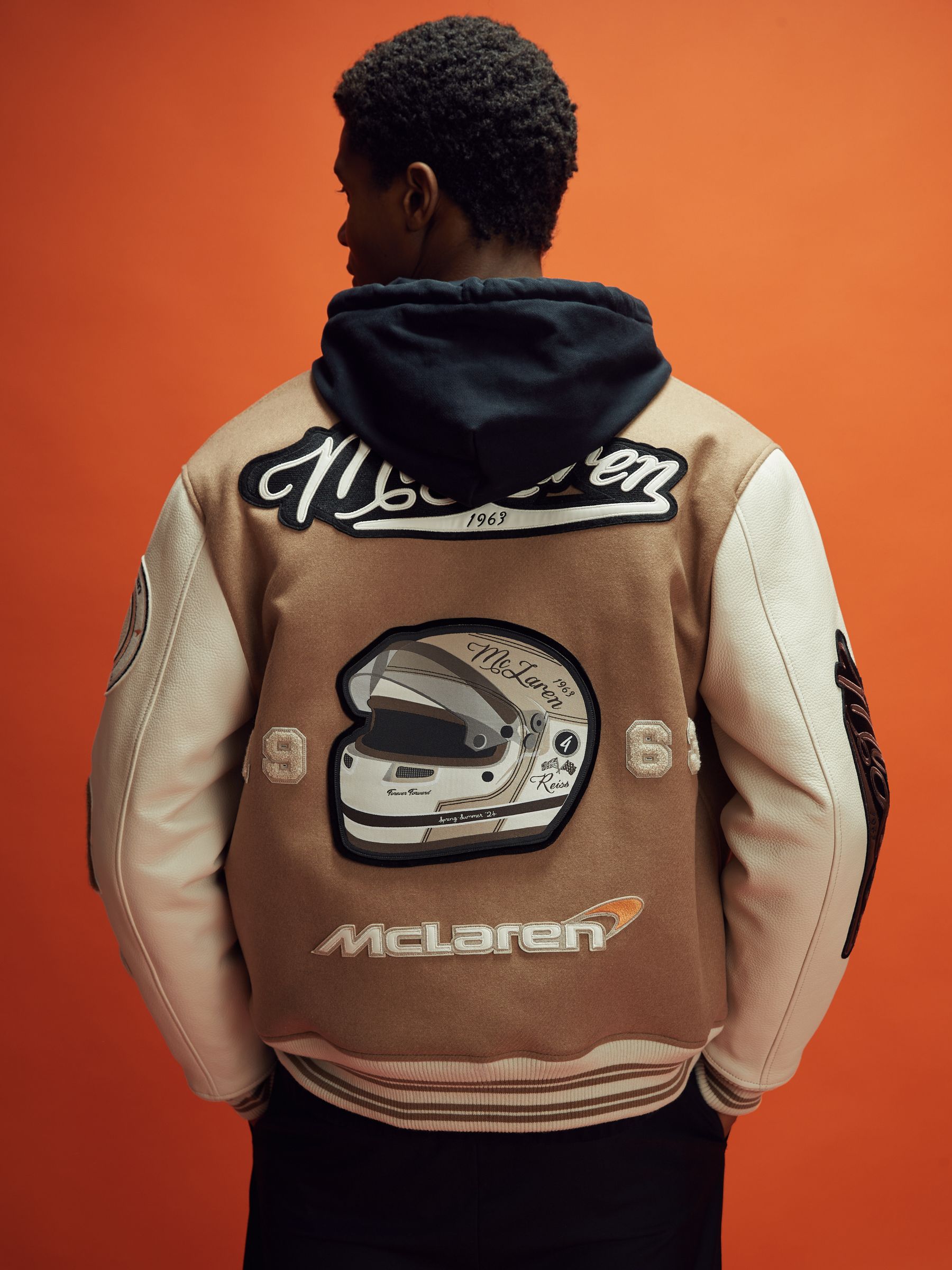 McLaren F1 Leather Varsity Jacket in Camel/Ecru - Image 5 of 9