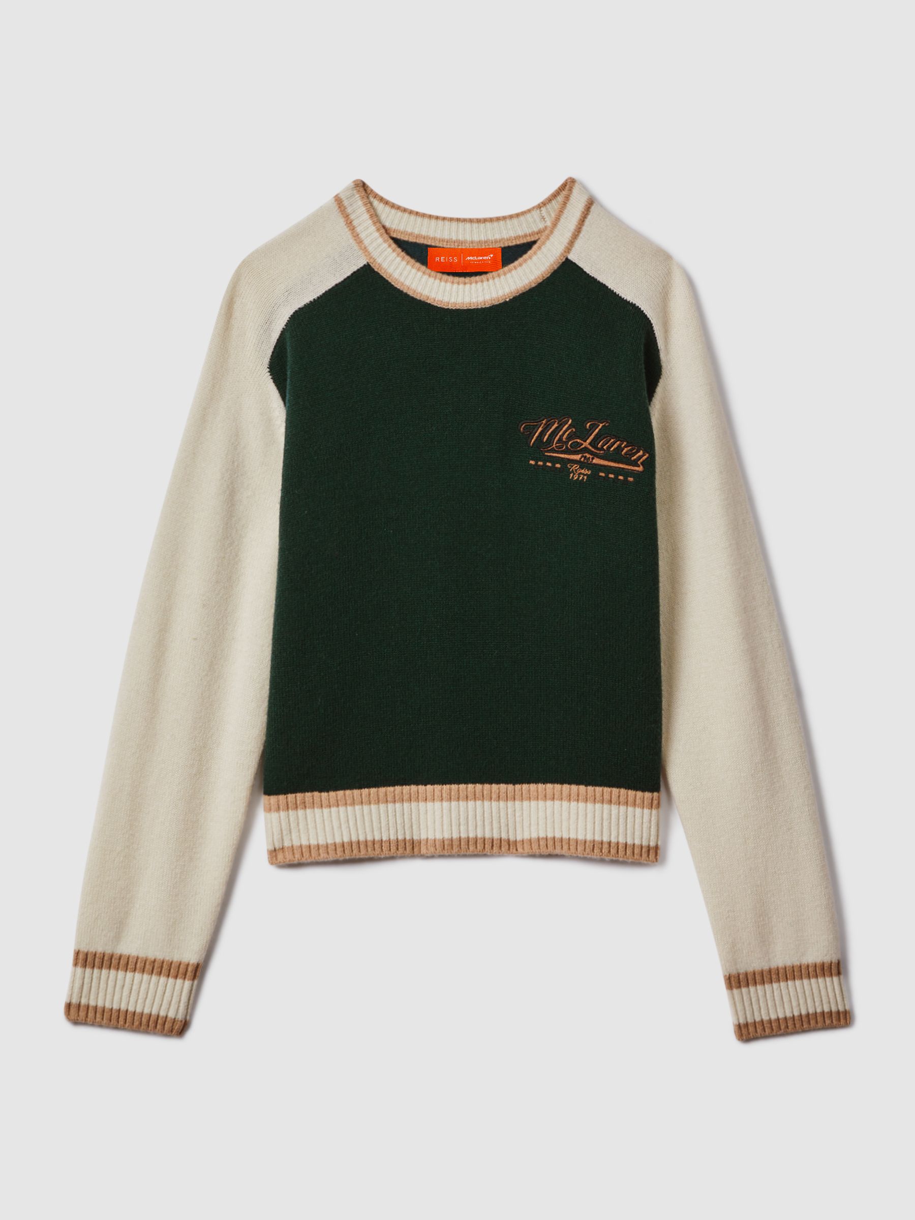 McLaren F1 Wool Cashmere Cropped Jumper in Bottle Green/Ecru - Image 2 of 7