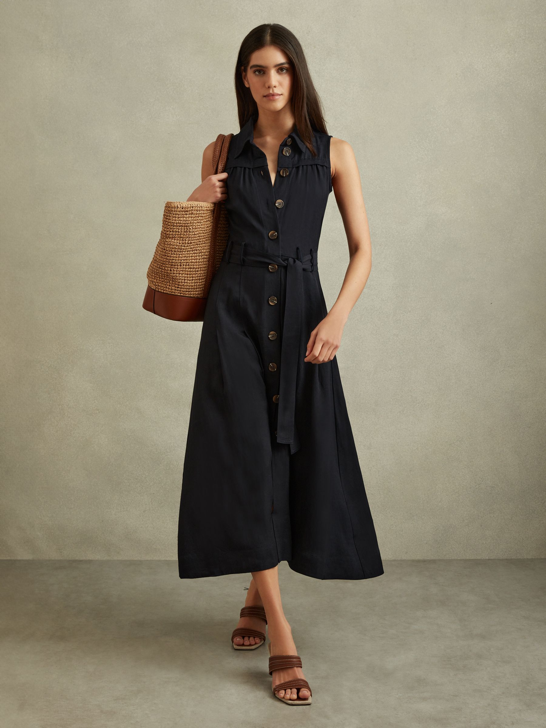 Viscose-Linen Belted Midi Dress in Navy - Image 1 of 6