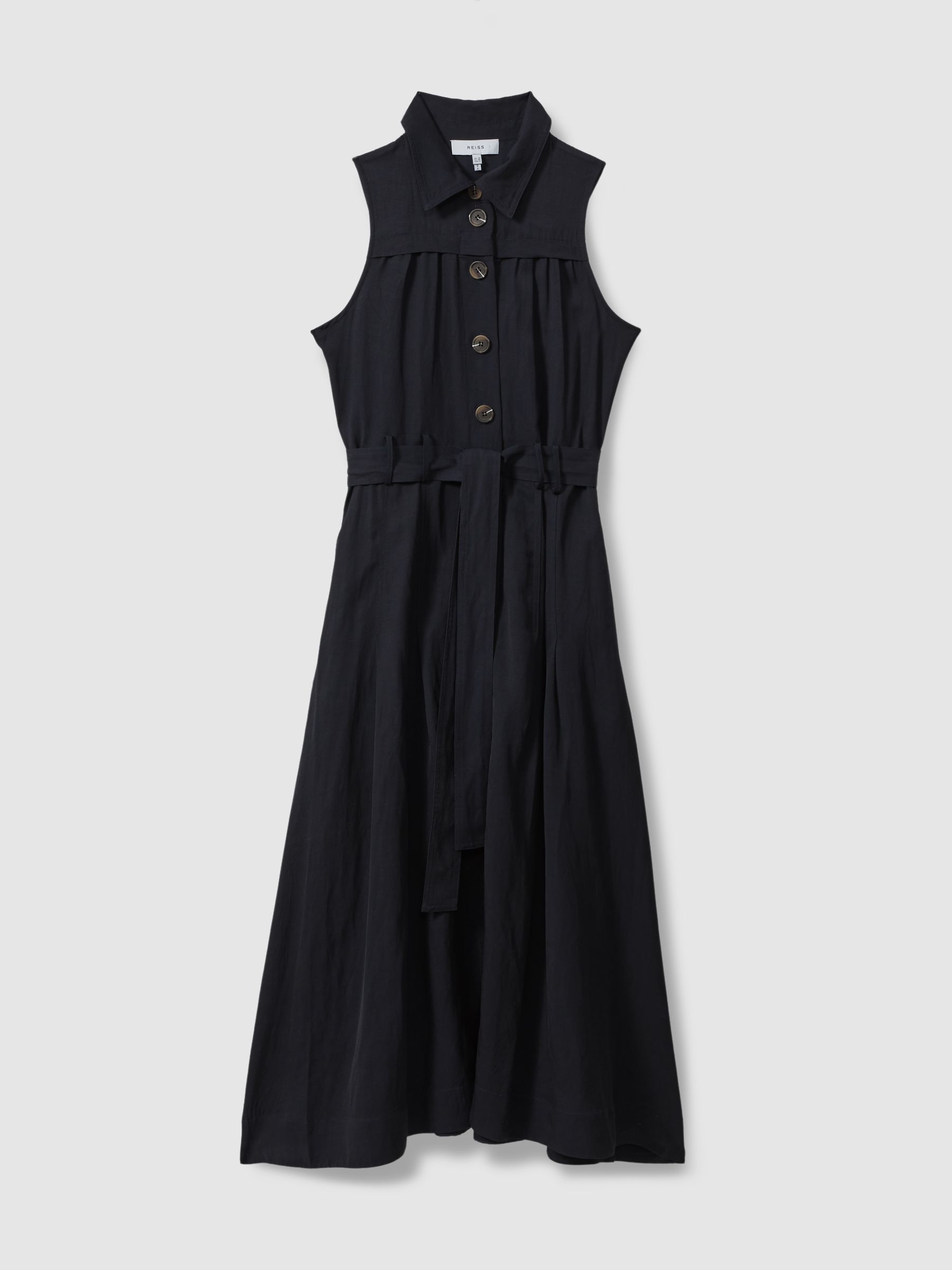Viscose-Linen Belted Midi Dress in Navy - Image 2 of 6