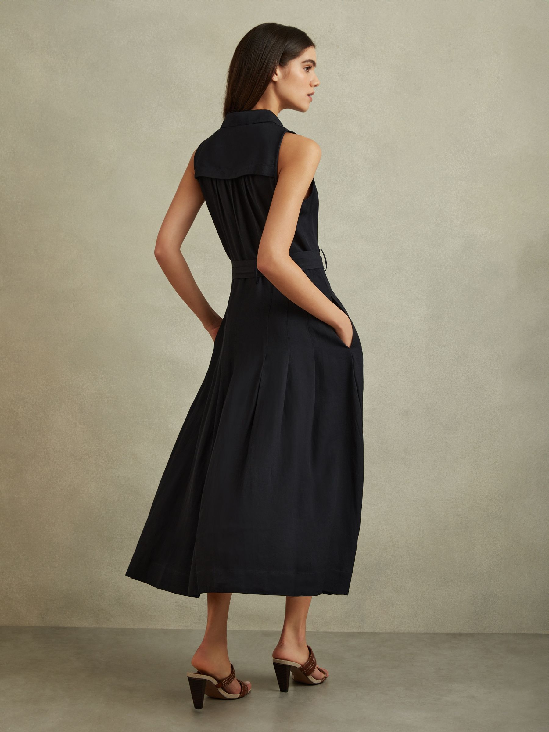 Viscose-Linen Belted Midi Dress in Navy - Image 5 of 6
