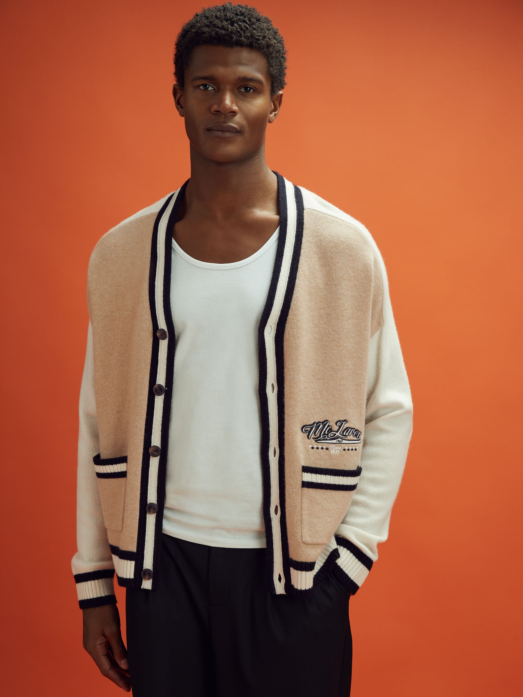 McLaren F1 Wool Cashmere Cardigan in Camel/Ecru - Image 1 of 7 McLaren F1 Wool Cashmere Cardigan in Camel/Ecru - Image 1 of 7