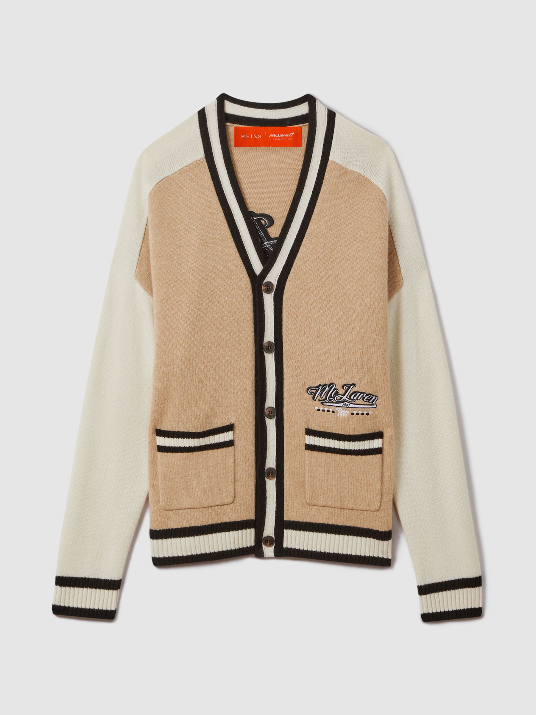 McLaren F1 Wool Cashmere Cardigan in Camel/Ecru - Image 2 of 7 McLaren F1 Wool Cashmere Cardigan in Camel/Ecru - Image 2 of 7