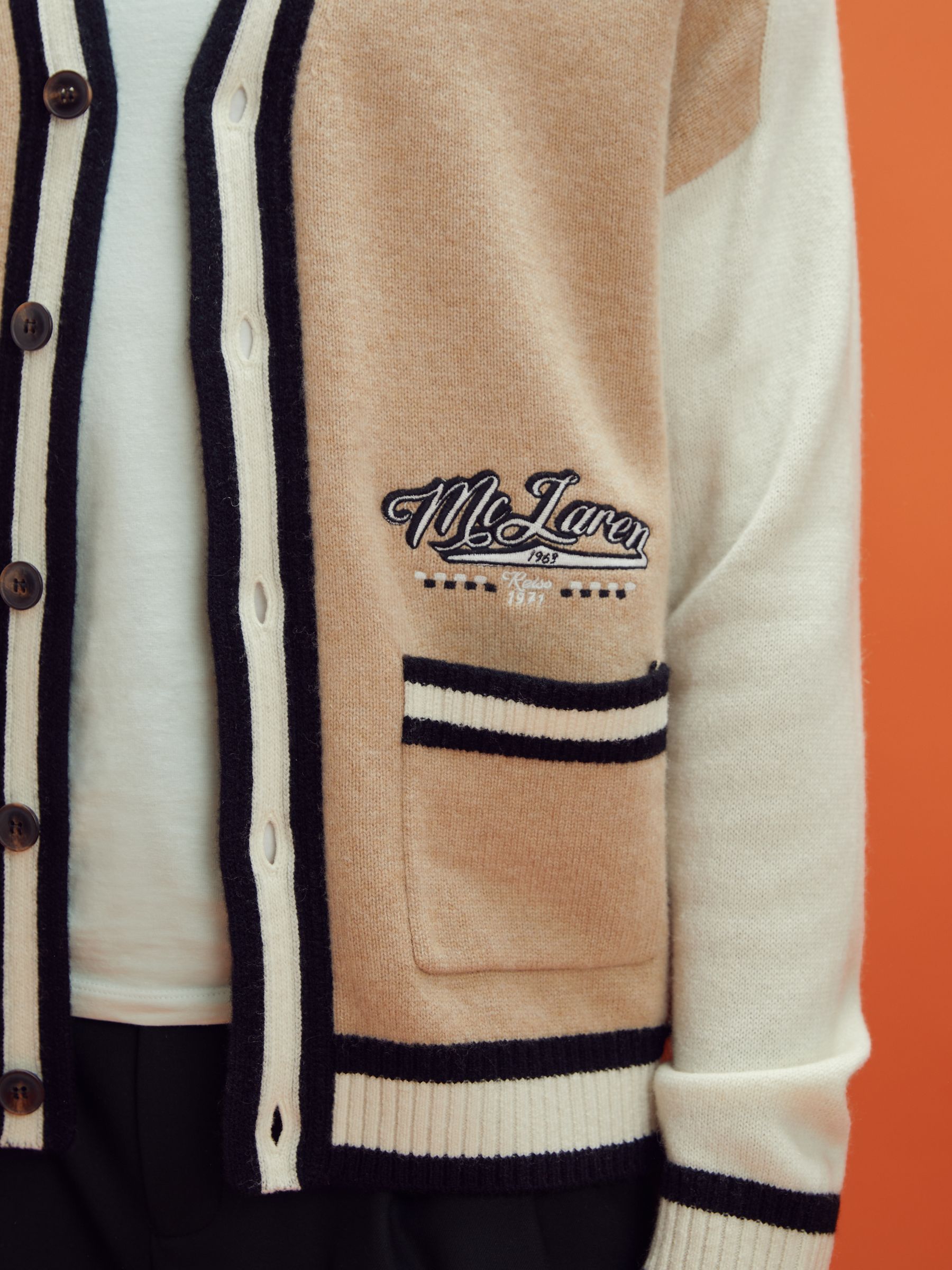 McLaren F1 Wool Cashmere Cardigan in Camel/Ecru - Image 4 of 7