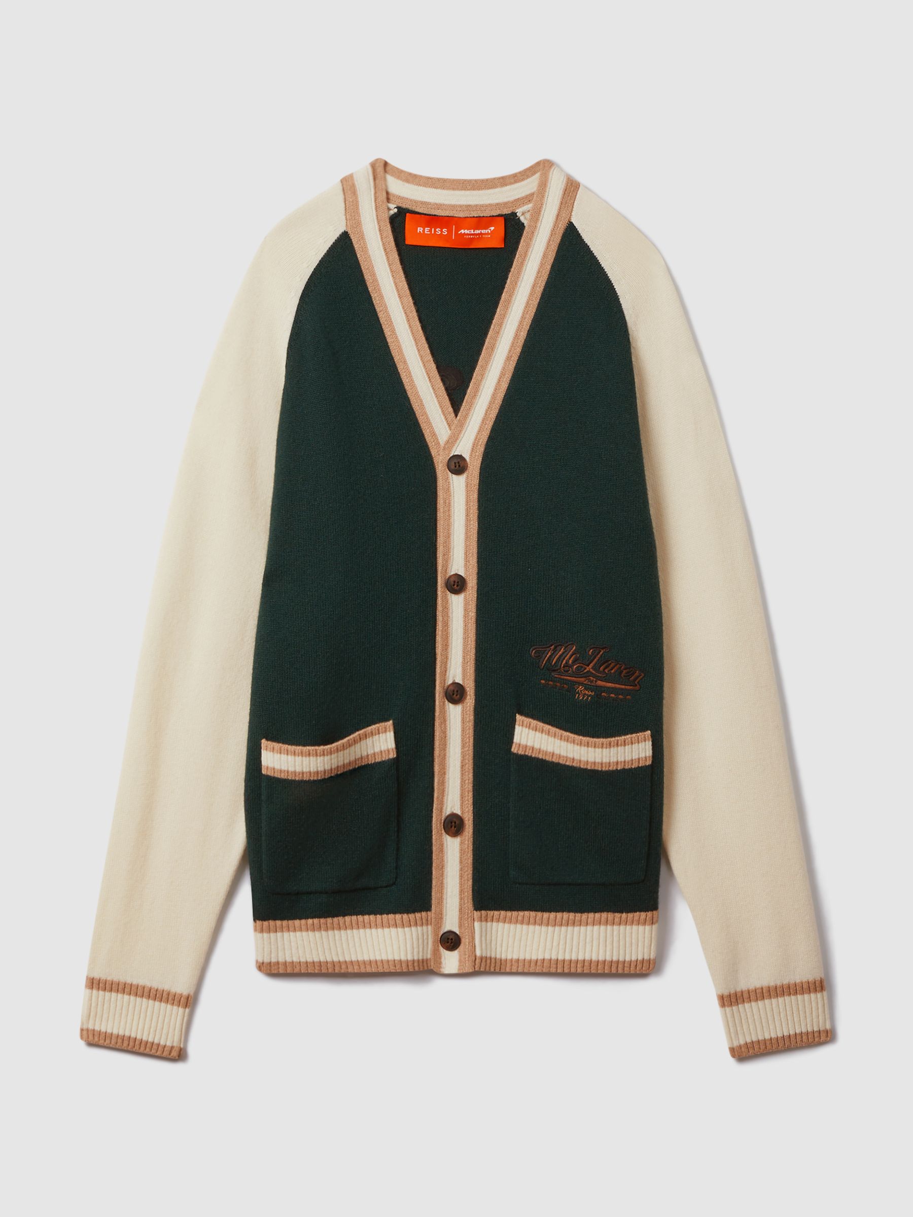 McLaren F1 Wool Cashmere Cardigan in Bottle Green/Ecru - Image 2 of 8