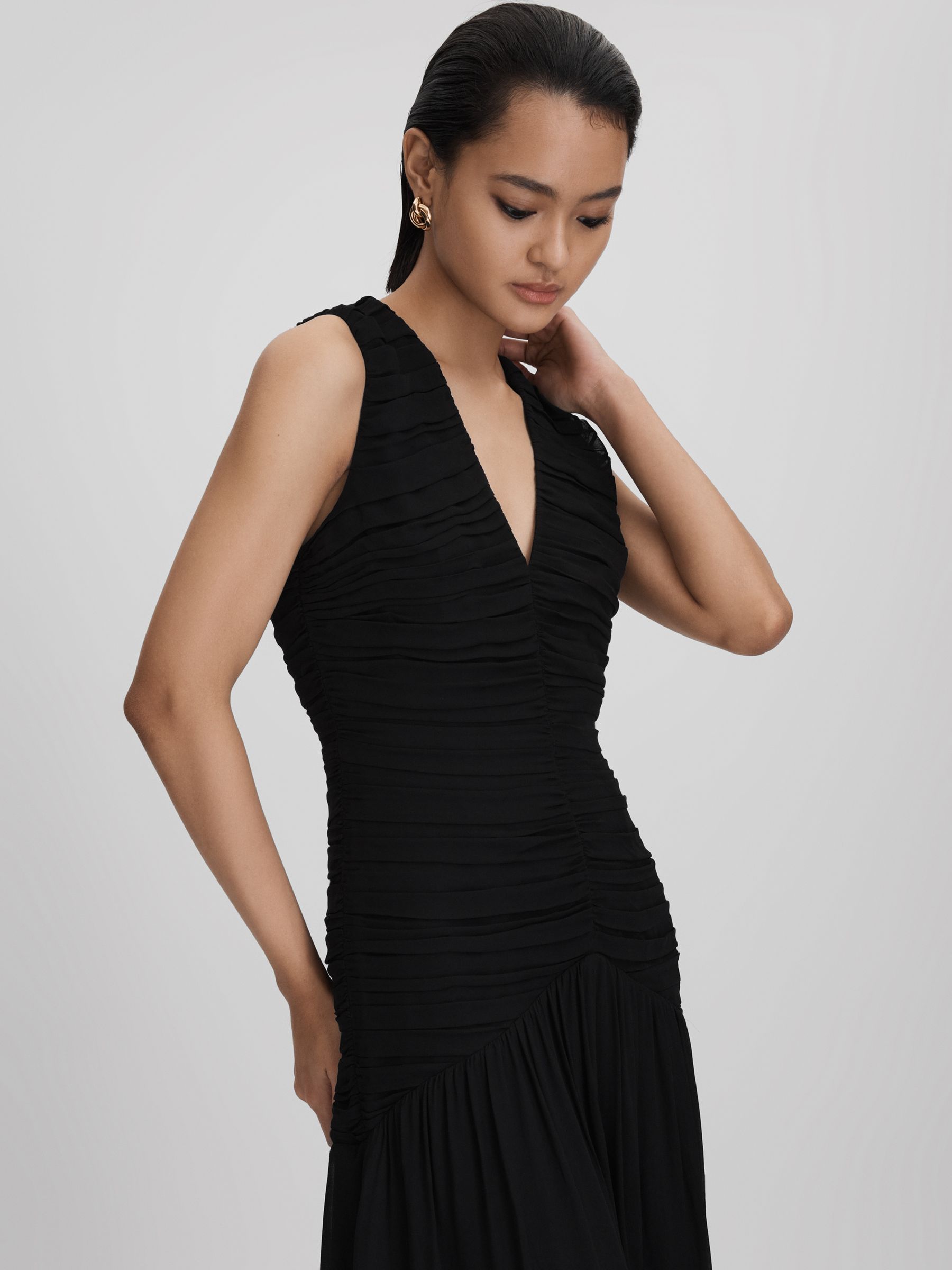 Ruched Bodycon Midi Dress in Black - Image 3 of 6