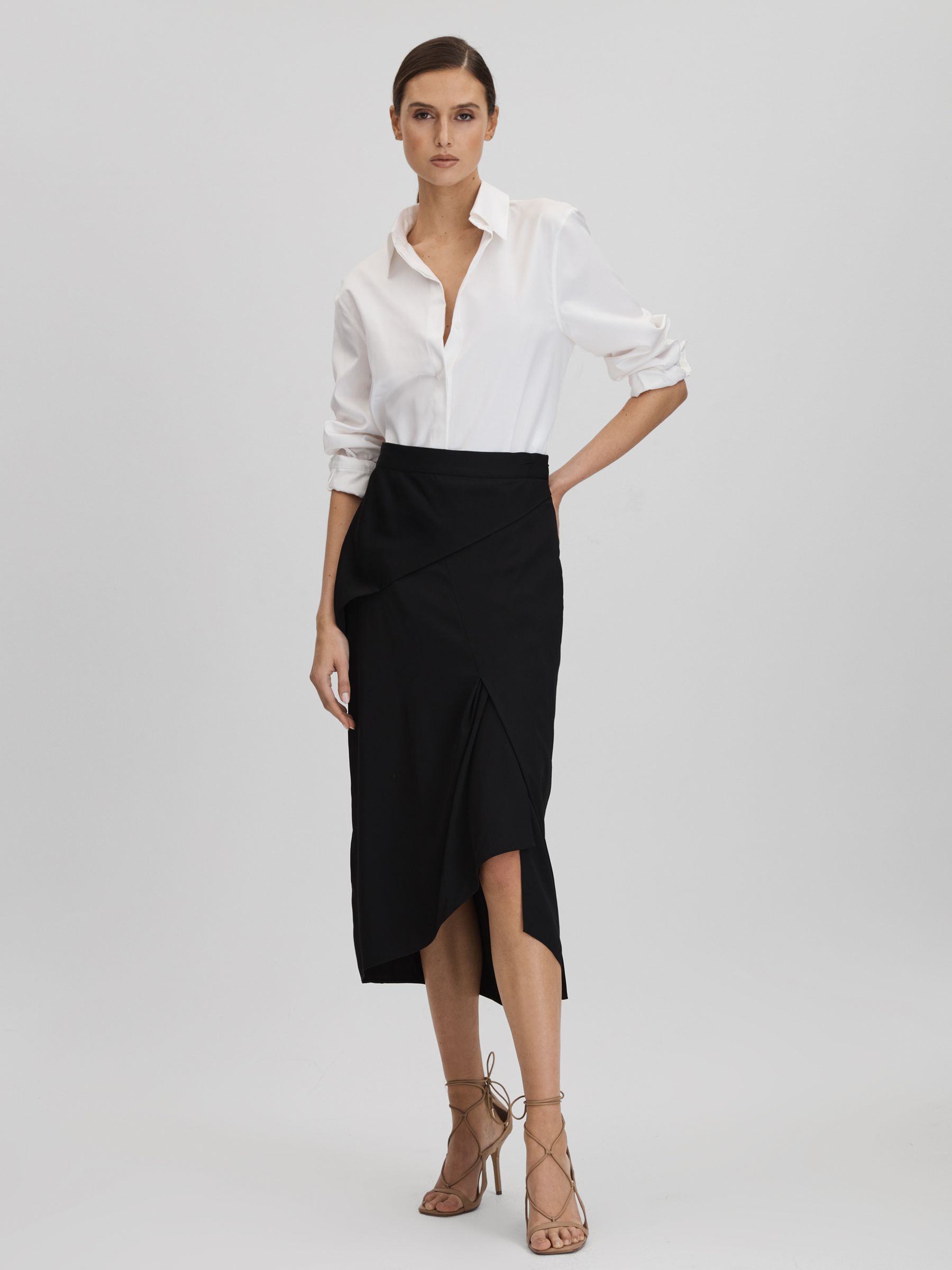 High Rise Draped Midi Skirt in Black - Image 1 of 6