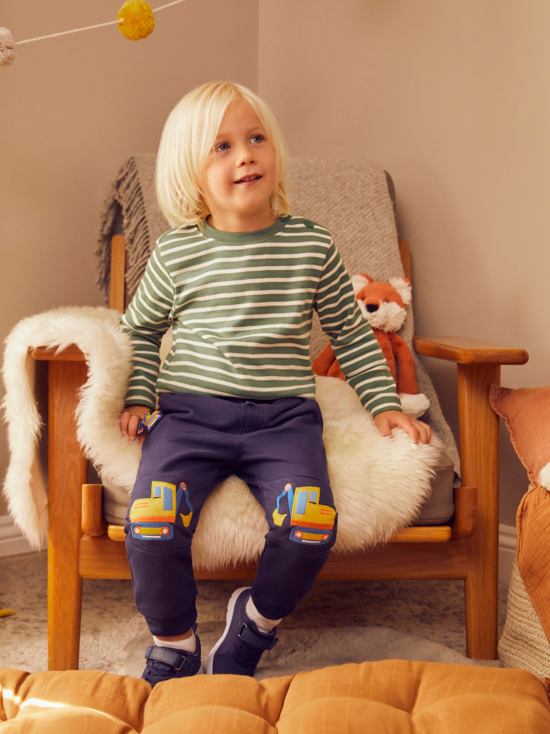 Denim Blue Digger Appliqué Knee Joggers With Pet In Pocket - Image 1 of 6