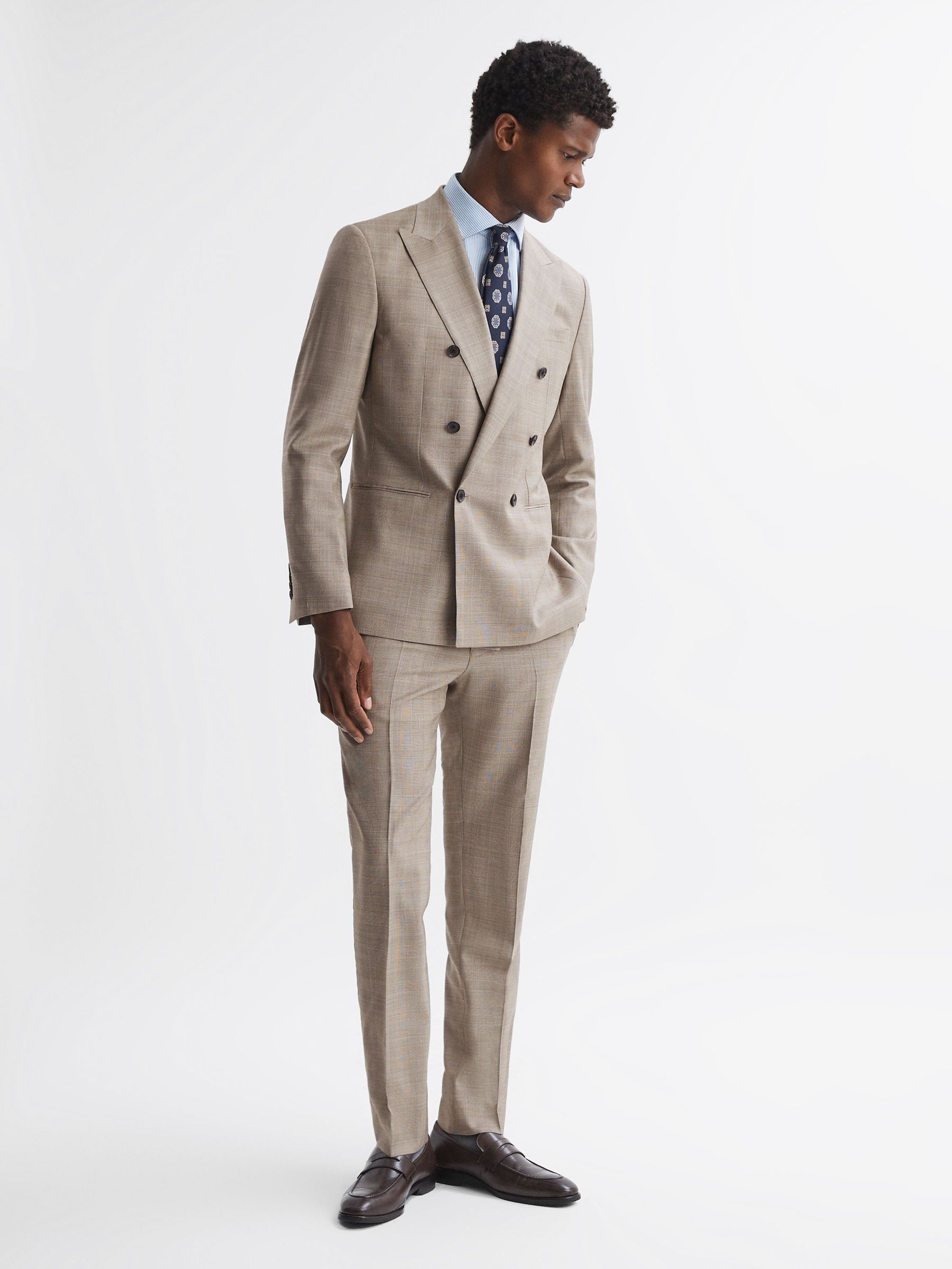 Slim Fit Checked Adjuster Trousers in Oatmeal - Image 1 of 4