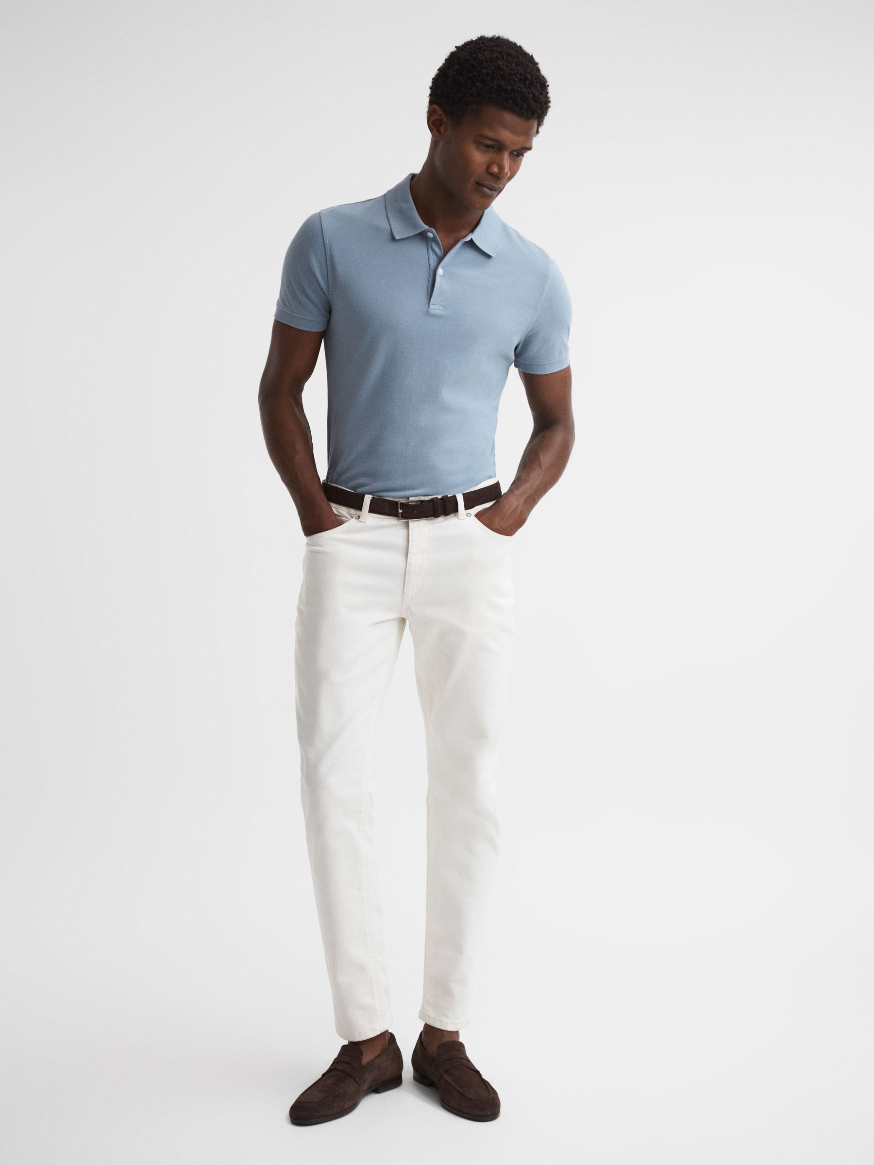 Slim Fit Garment Dye Polo Shirt in Soft Blue - Image 3 of 4
