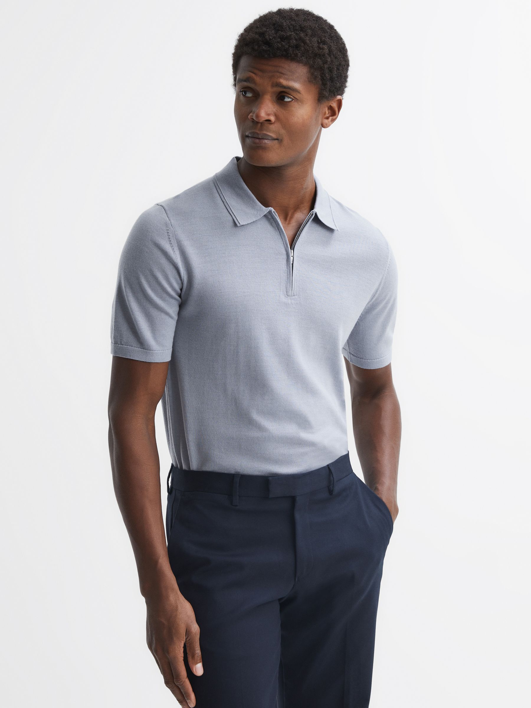 Merino Wool Half-Zip Polo Shirt in Porcelain Blue - Image 1 of 5