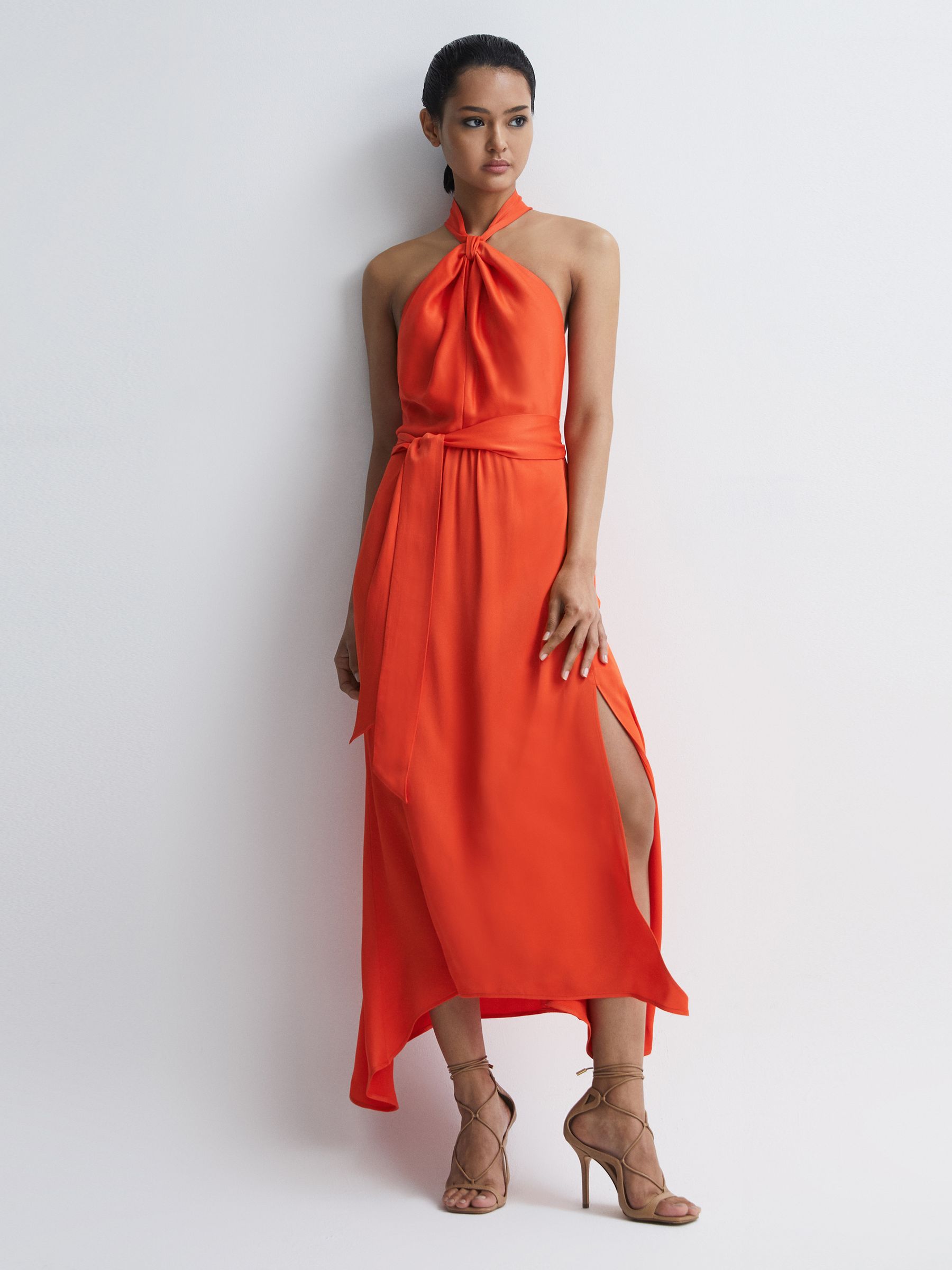 Fitted Halter Neck Midi Dress in Orange - Image 1 of 7