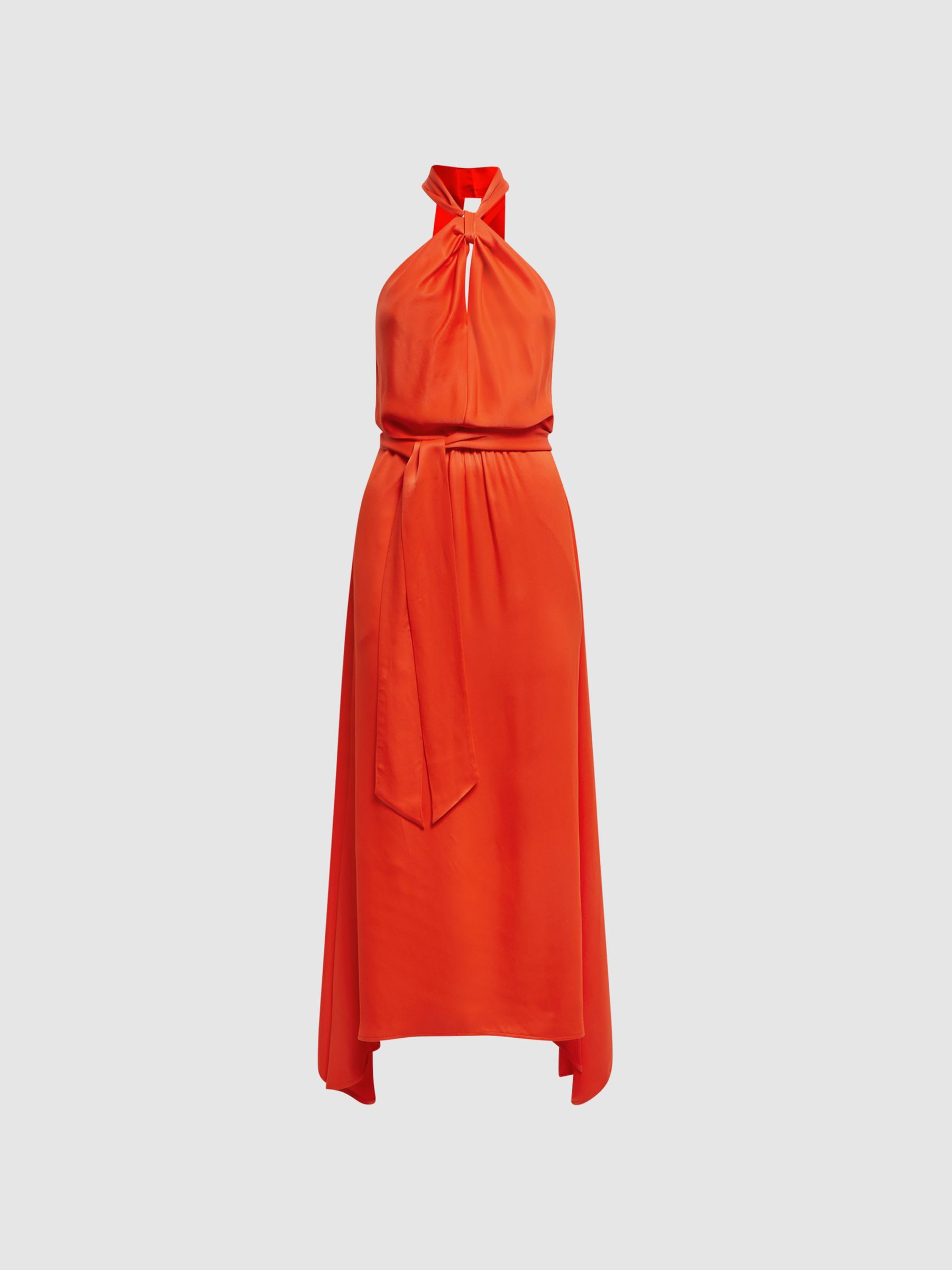 Fitted Halter Neck Midi Dress in Orange - Image 2 of 7