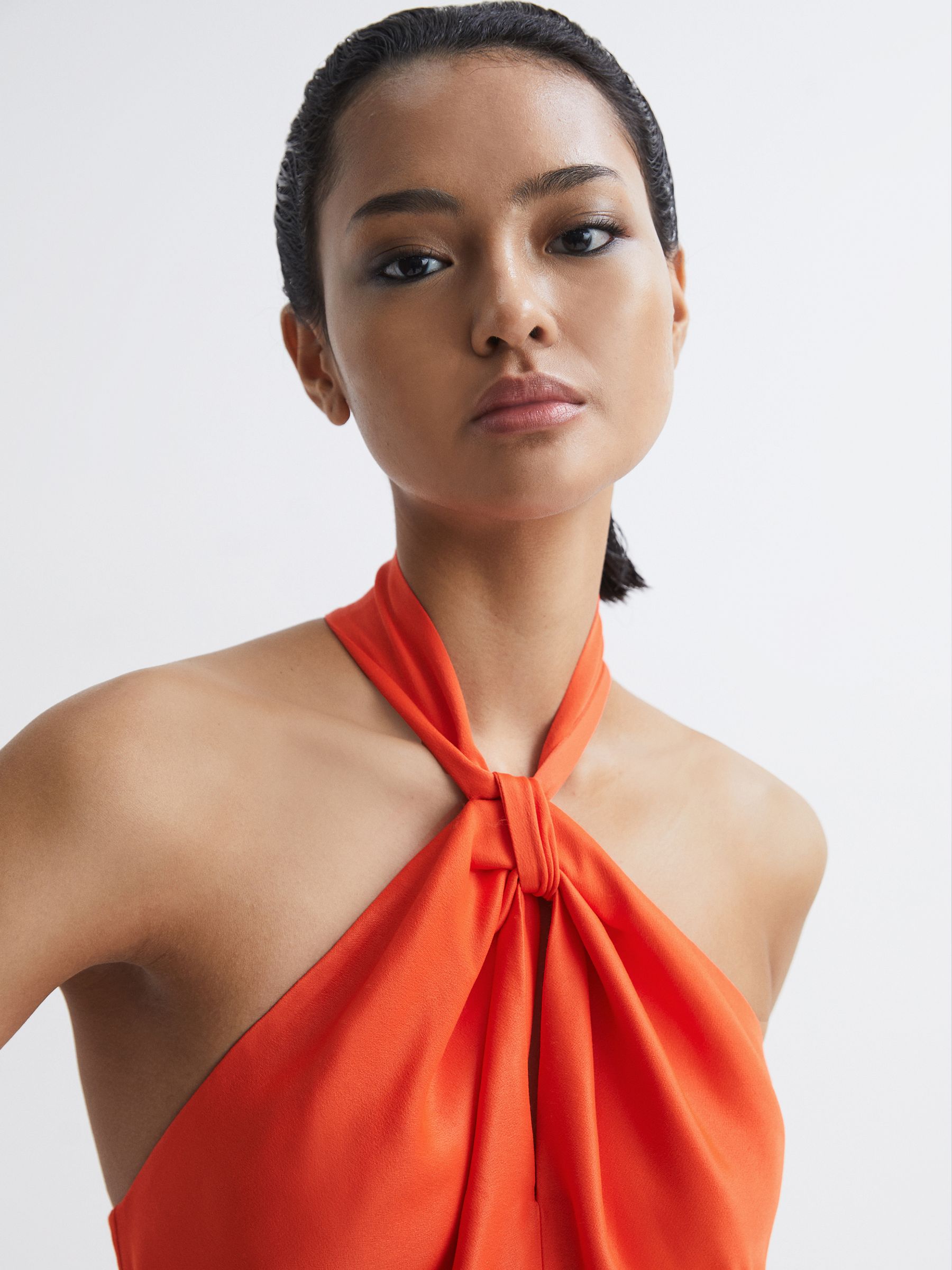 Fitted Halter Neck Midi Dress in Orange - Image 4 of 7