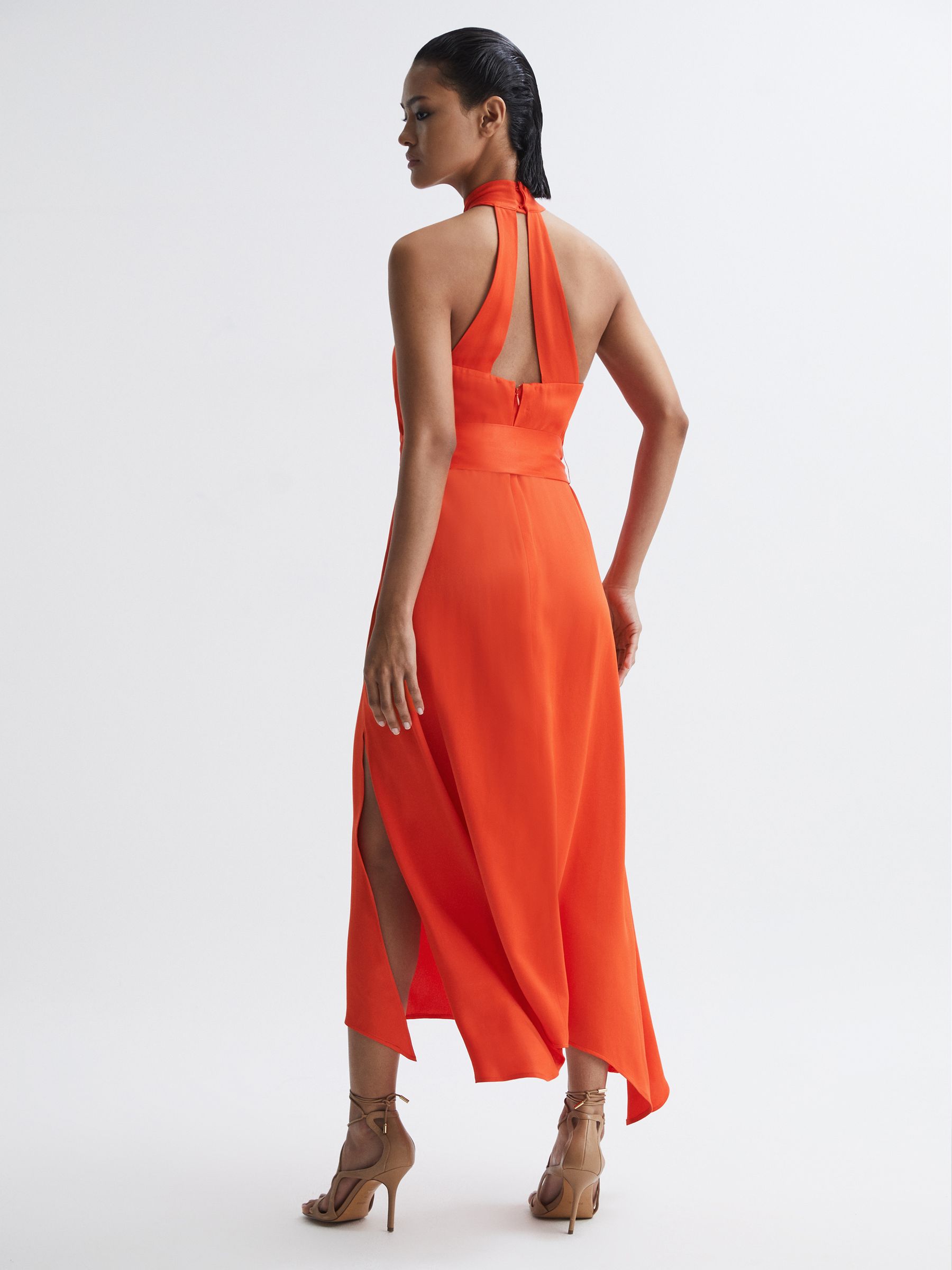 Fitted Halter Neck Midi Dress in Orange - Image 5 of 7
