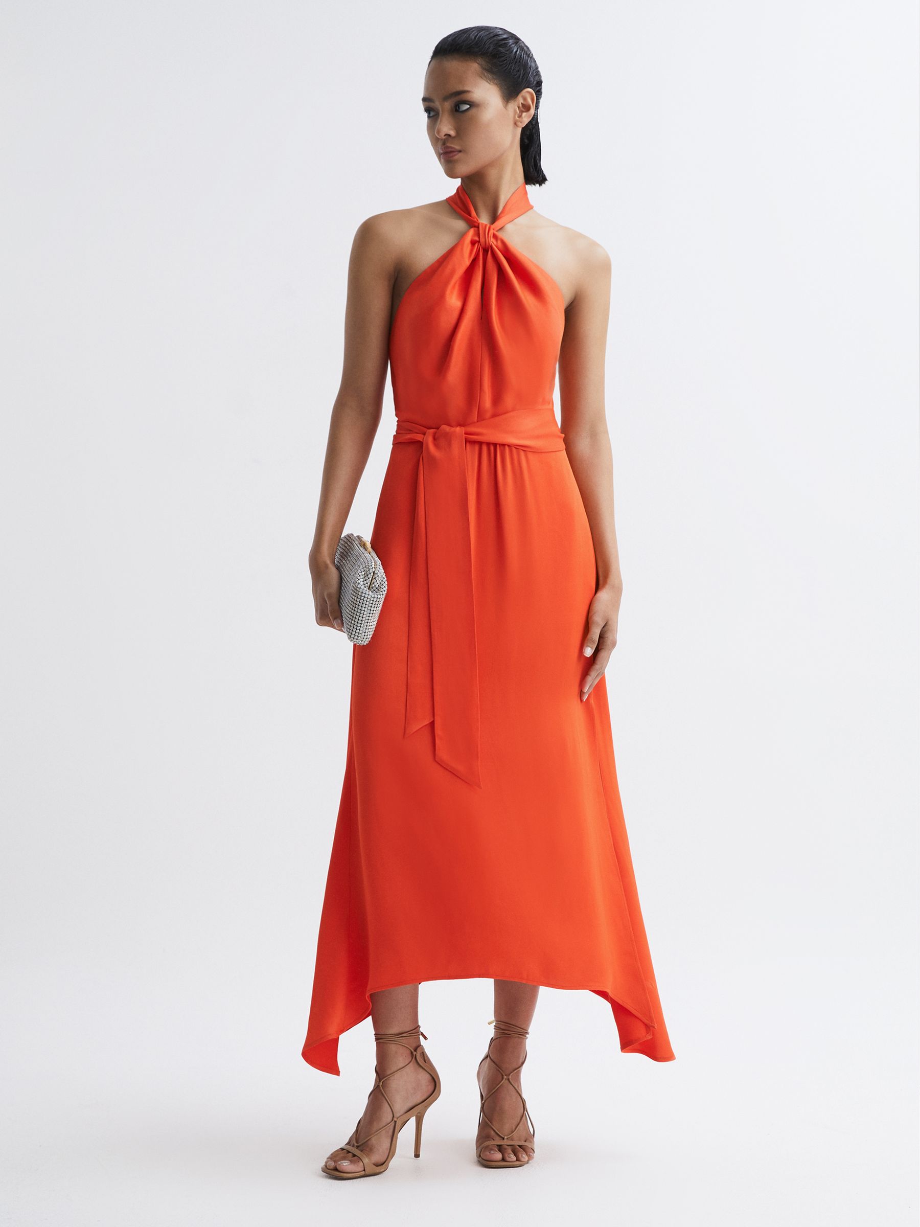 Fitted Halter Neck Midi Dress in Orange - Image 6 of 7