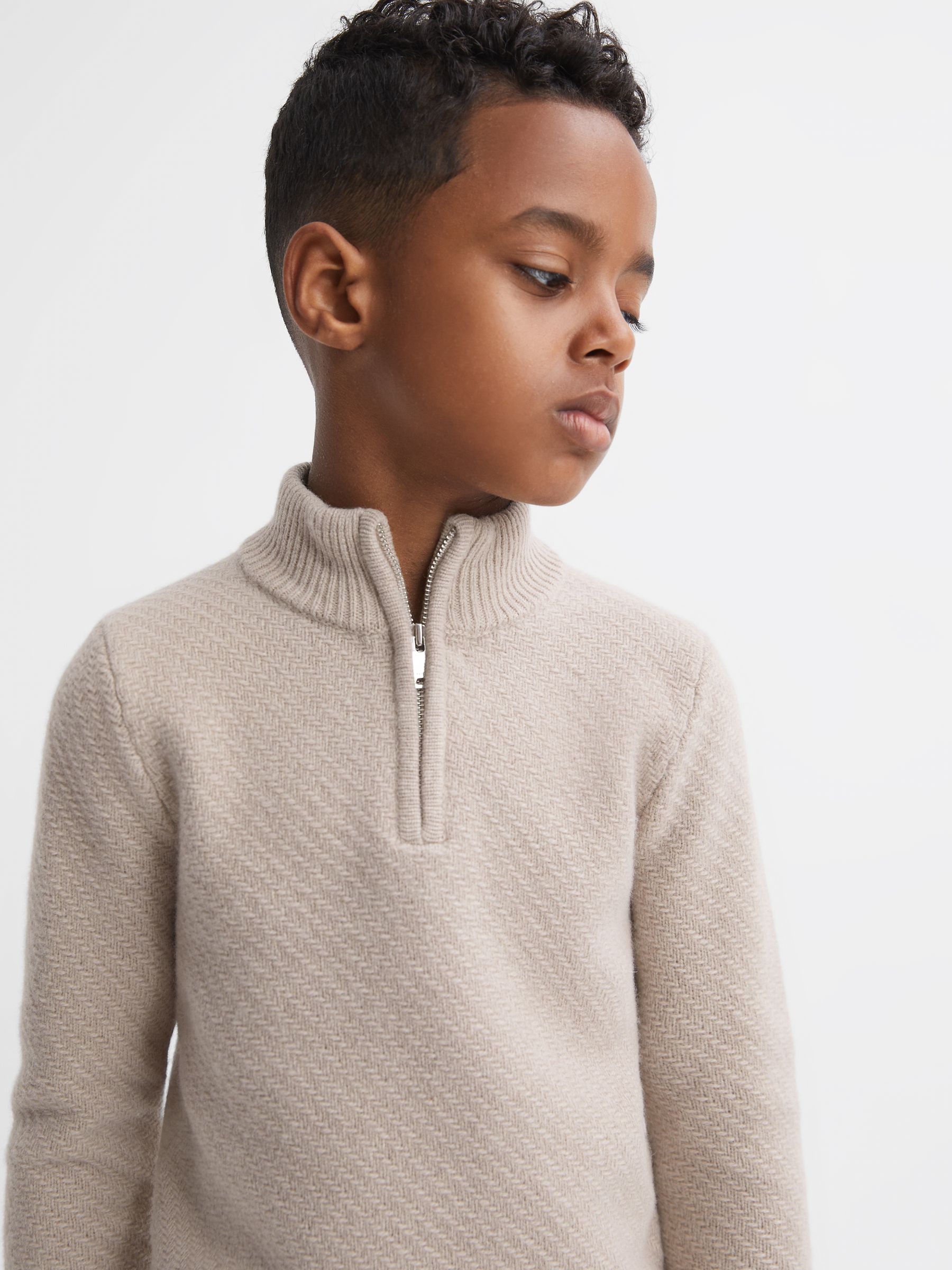 Junior Slim Fit Knitted Half-Zip Funnel Neck Jumper in Oatmeal Melange - Image 1 of 6 Junior Slim Fit Knitted Half-Zip Funnel Neck Jumper in Oatmeal Melange - Image 1 of 6