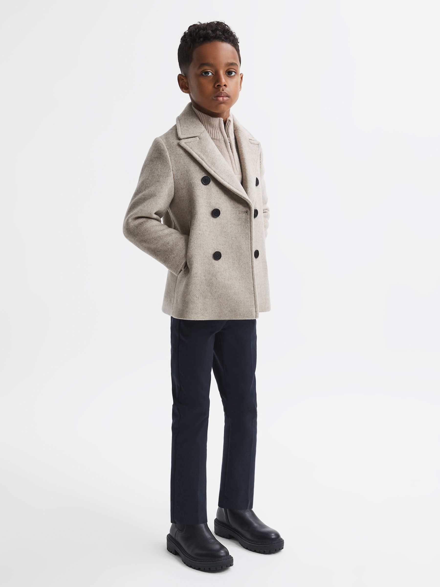 Junior Slim Fit Knitted Half-Zip Funnel Neck Jumper in Oatmeal Melange - Image 4 of 6