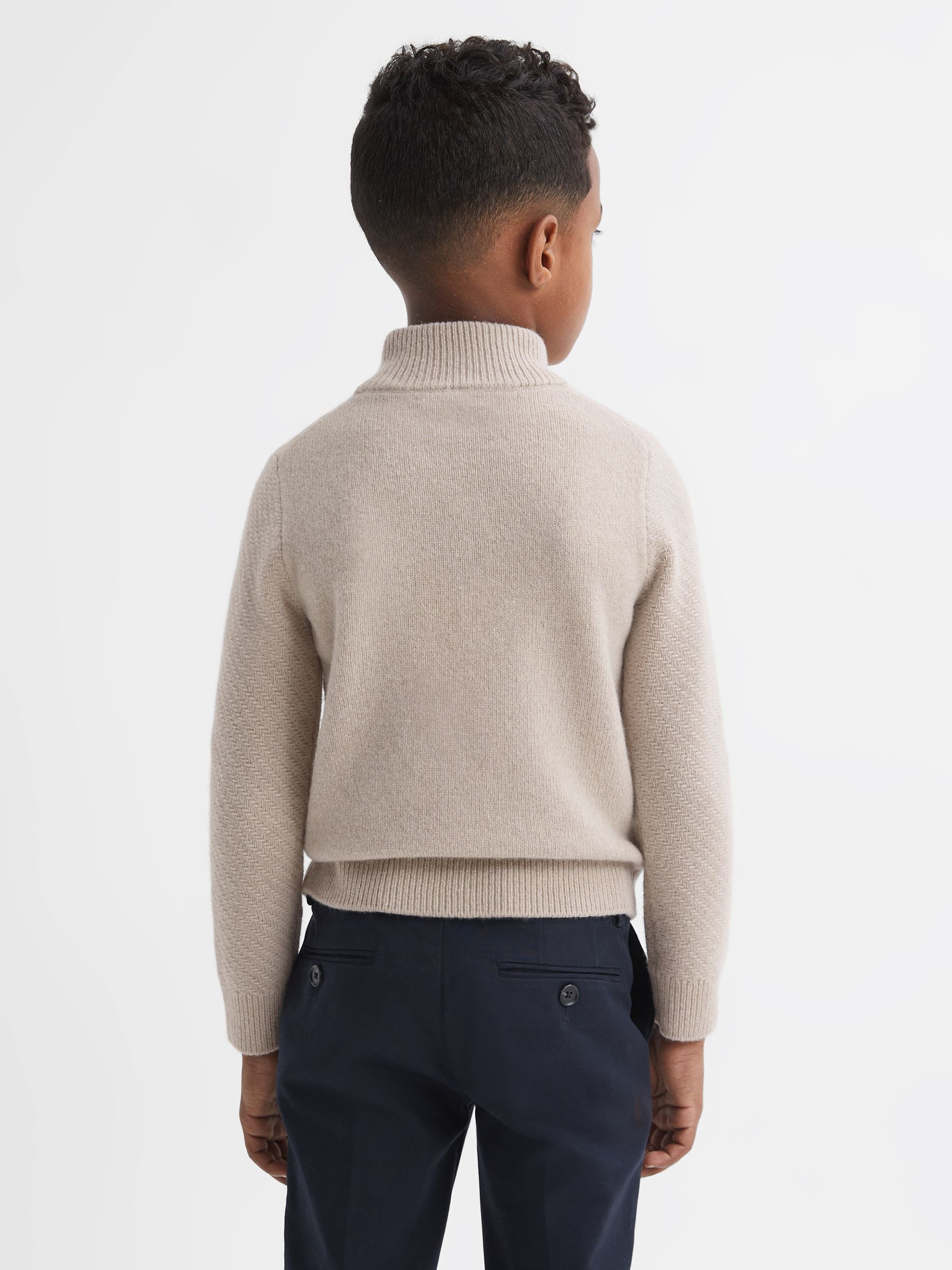 Junior Slim Fit Knitted Half-Zip Funnel Neck Jumper in Oatmeal Melange - Image 5 of 6