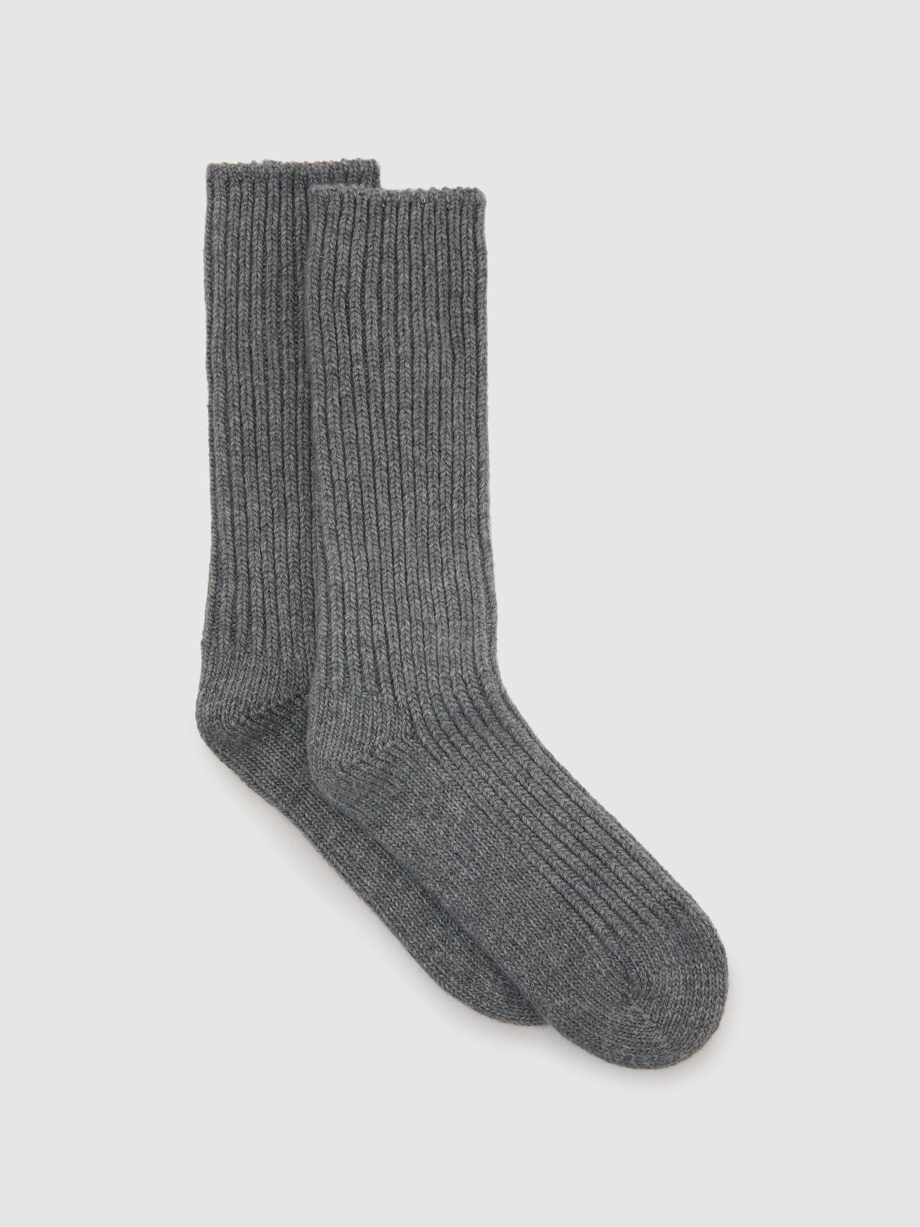 Wool-Blend Rib-Knit Slipper Socks with Cashmere in Grey - Image 1 of 3 Wool-Blend Rib-Knit Slipper Socks with Cashmere in Grey - Image 1 of 3
