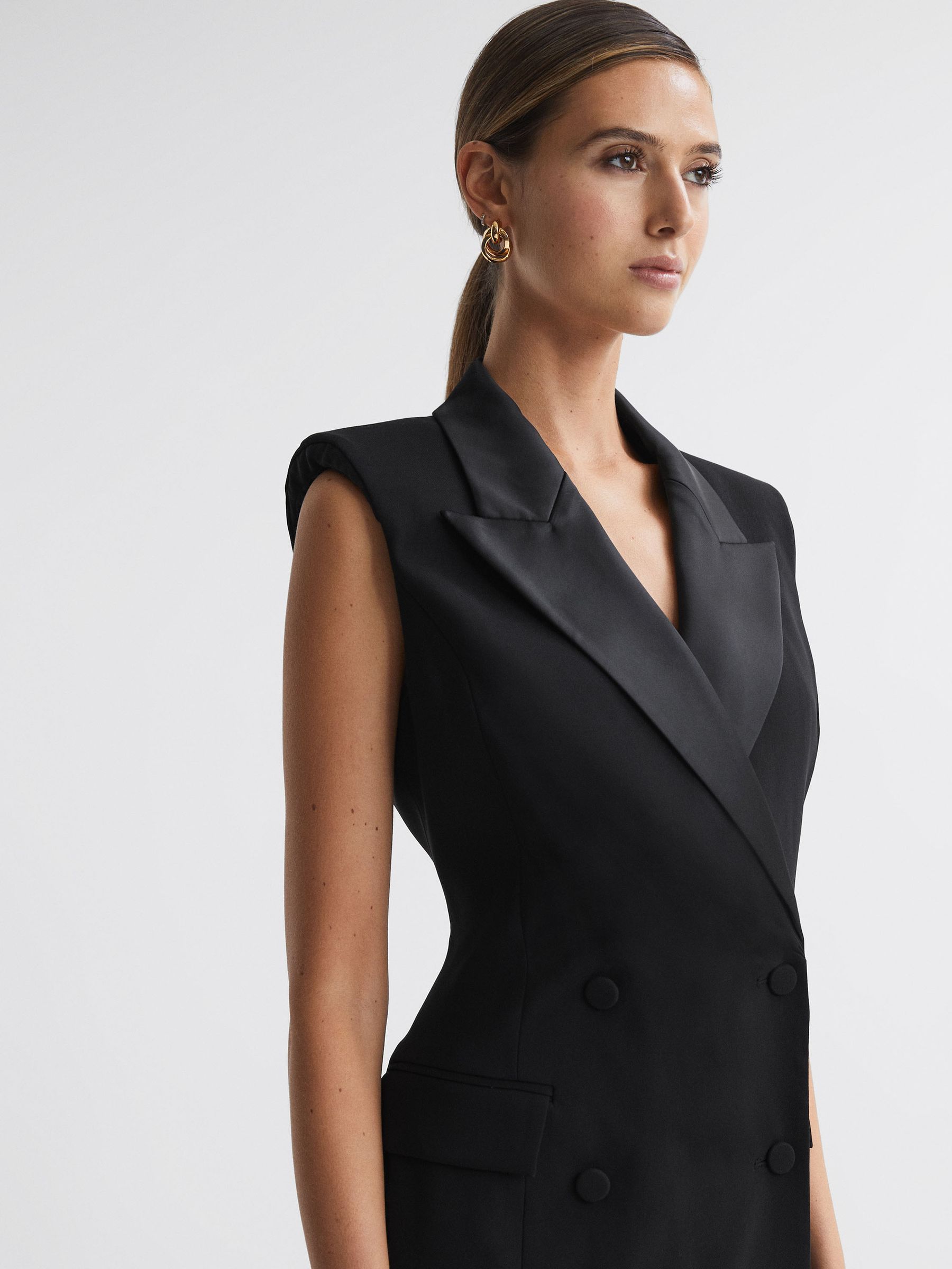 Fitted Double Breasted Midi Dress in Black - Image 3 of 6