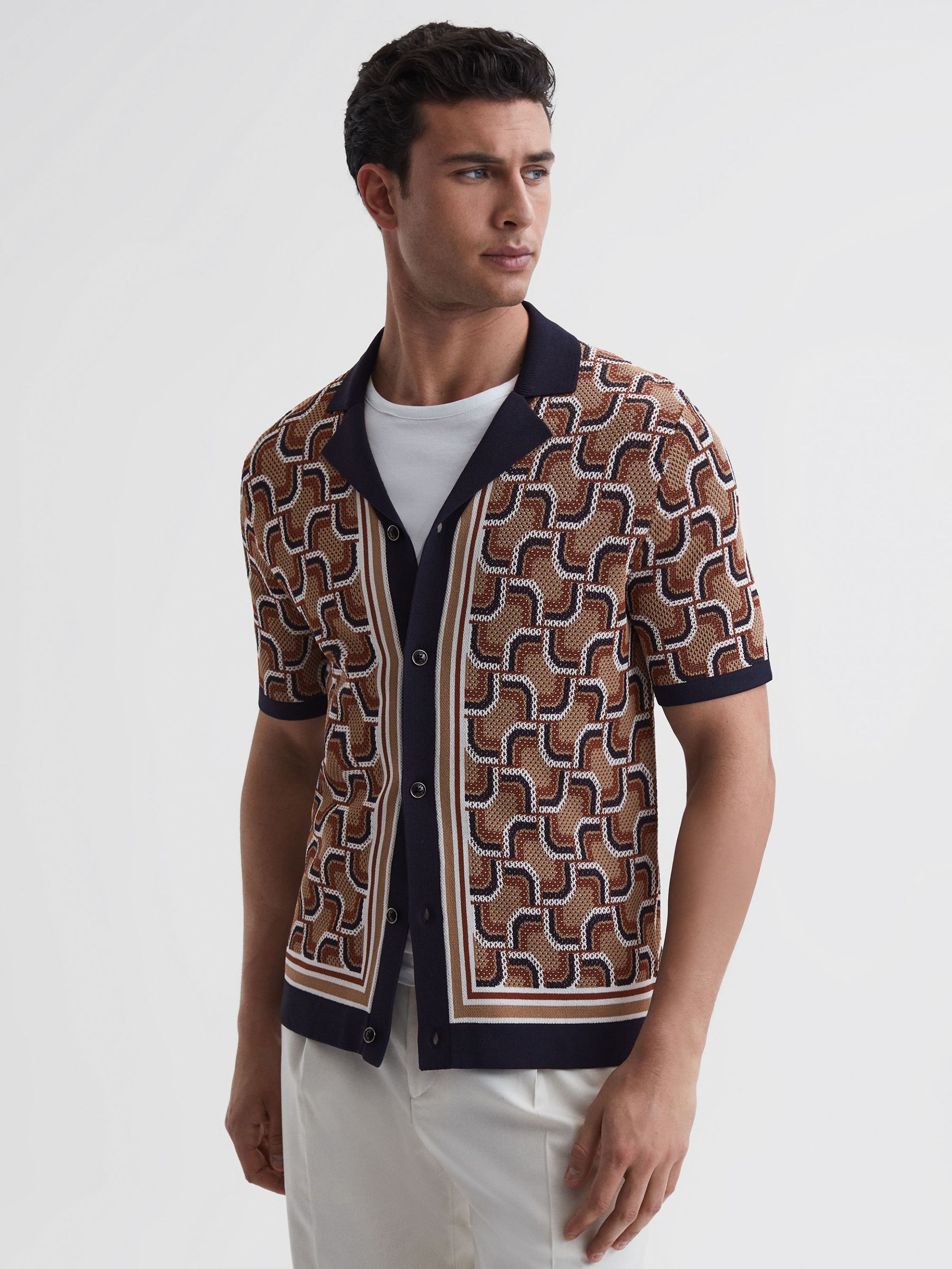 Knitted Cuban Collar Shirt in Navy - Image 1 of 6