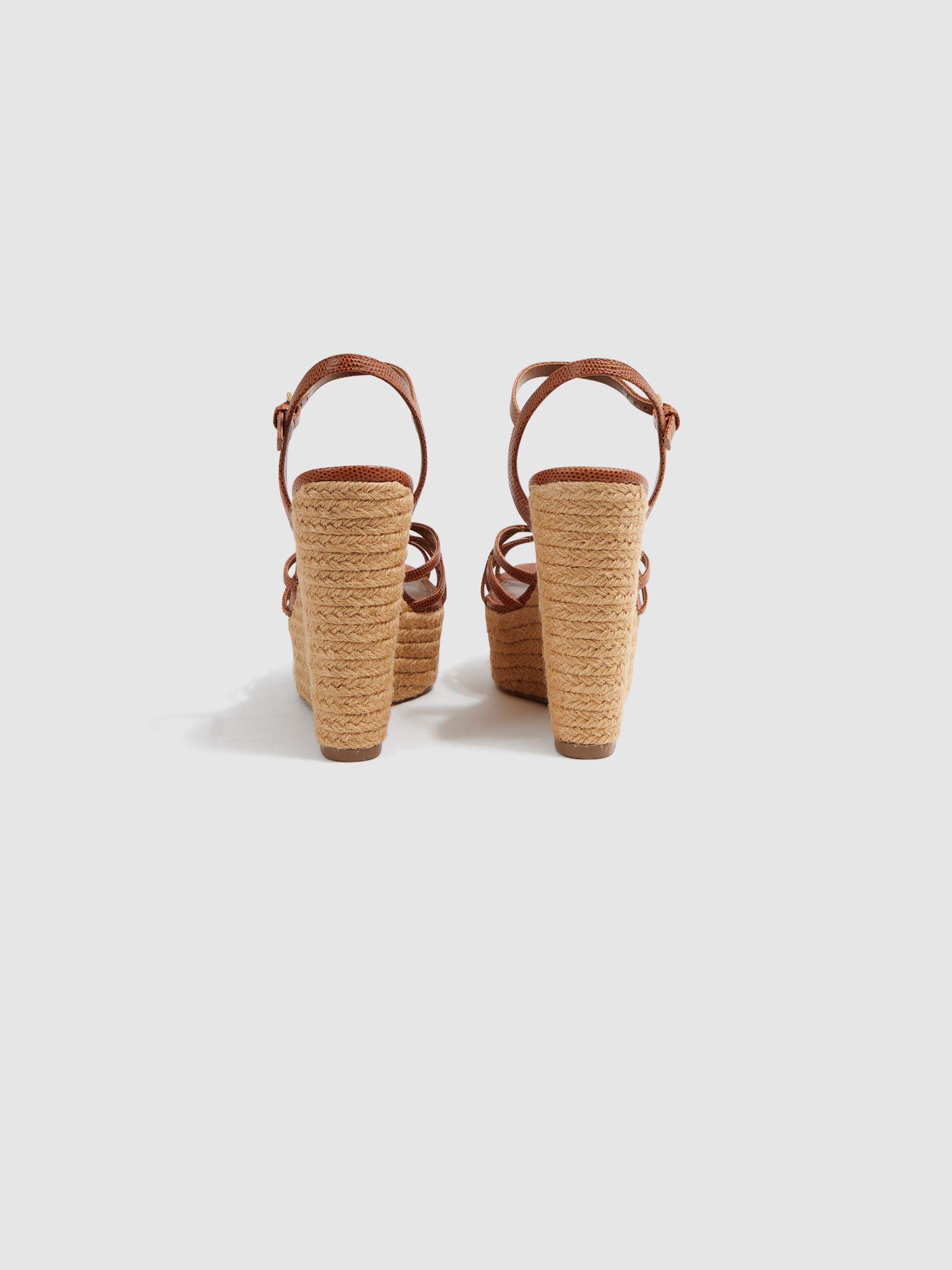 Leather Raffia Platform Wedge Heels in Tan - Image 4 of 5