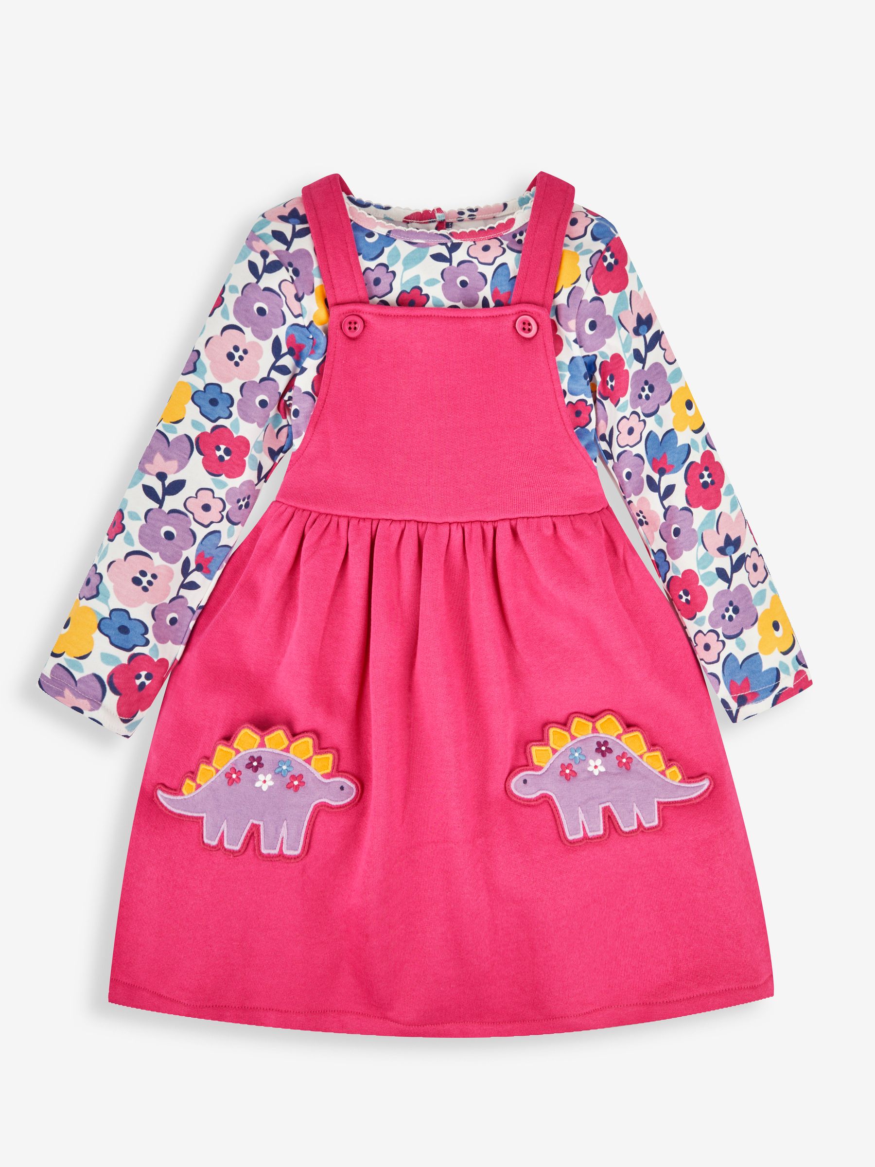 Raspberry Pink Dino Girls' 2-Piece Appliqué Pinafore Dress & Top Set - Image 1 of 6