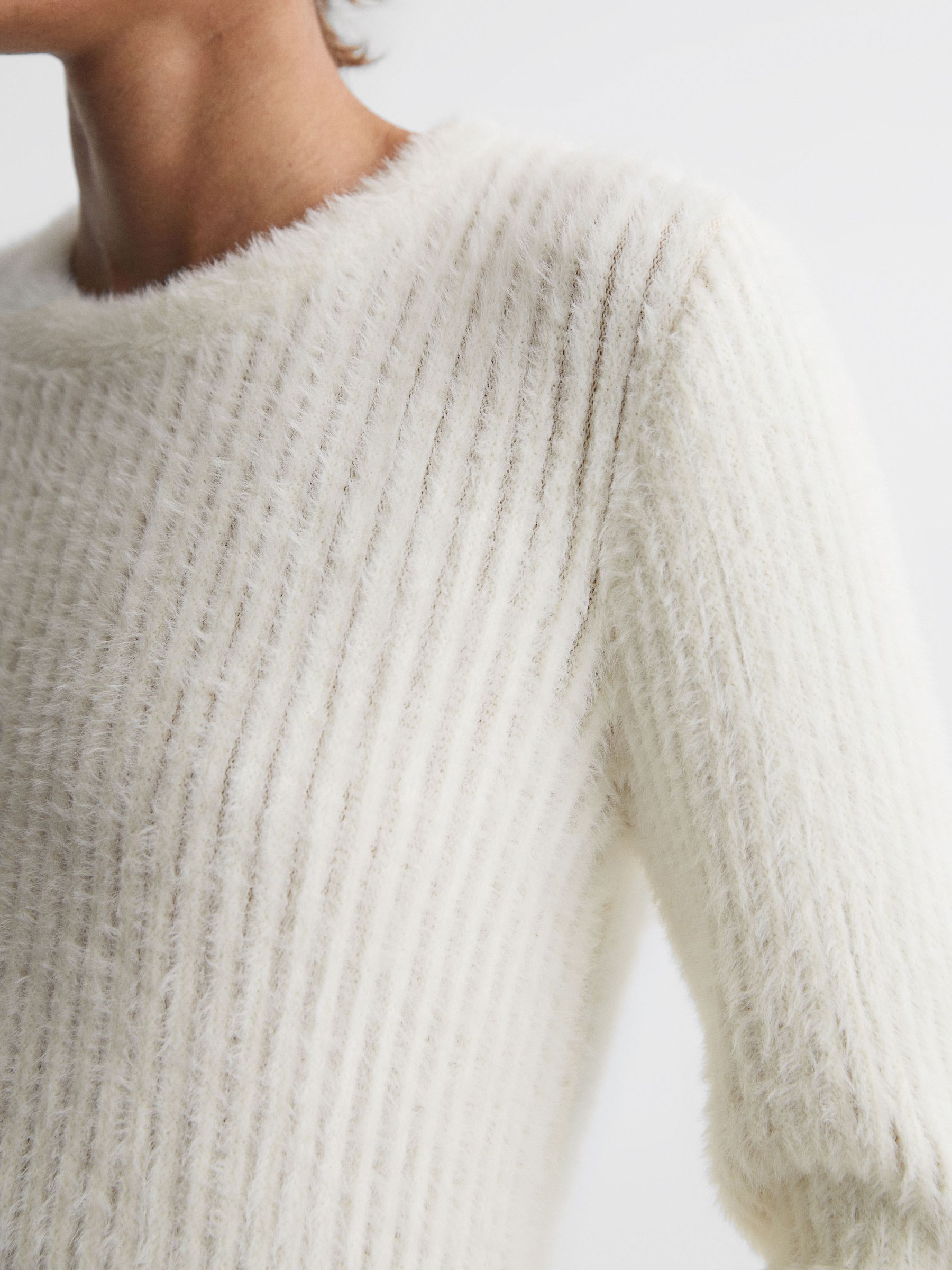 Ribbed Fluffy Crew Neck Jumper in Ivory - Image 1 of 5