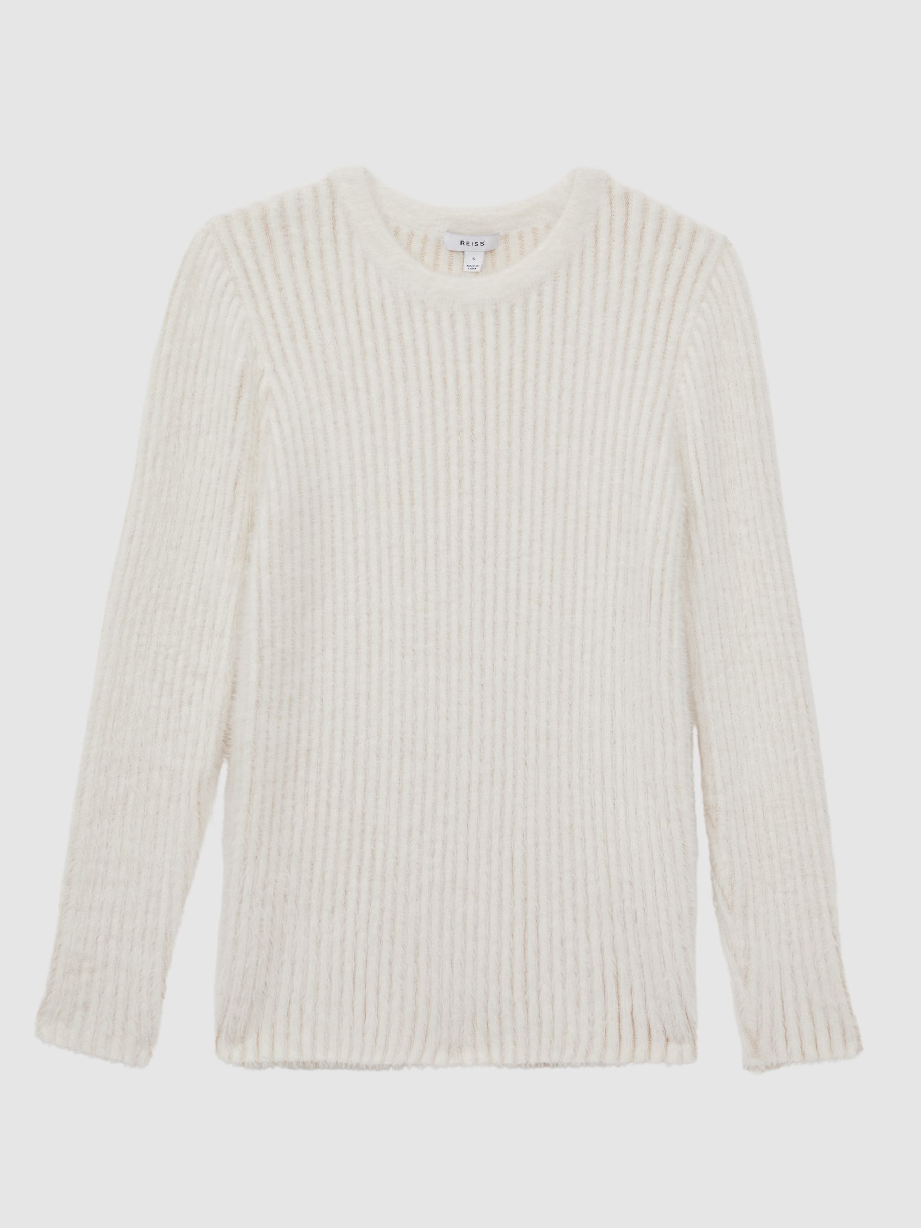 Ribbed Fluffy Crew Neck Jumper in Ivory - Image 2 of 5