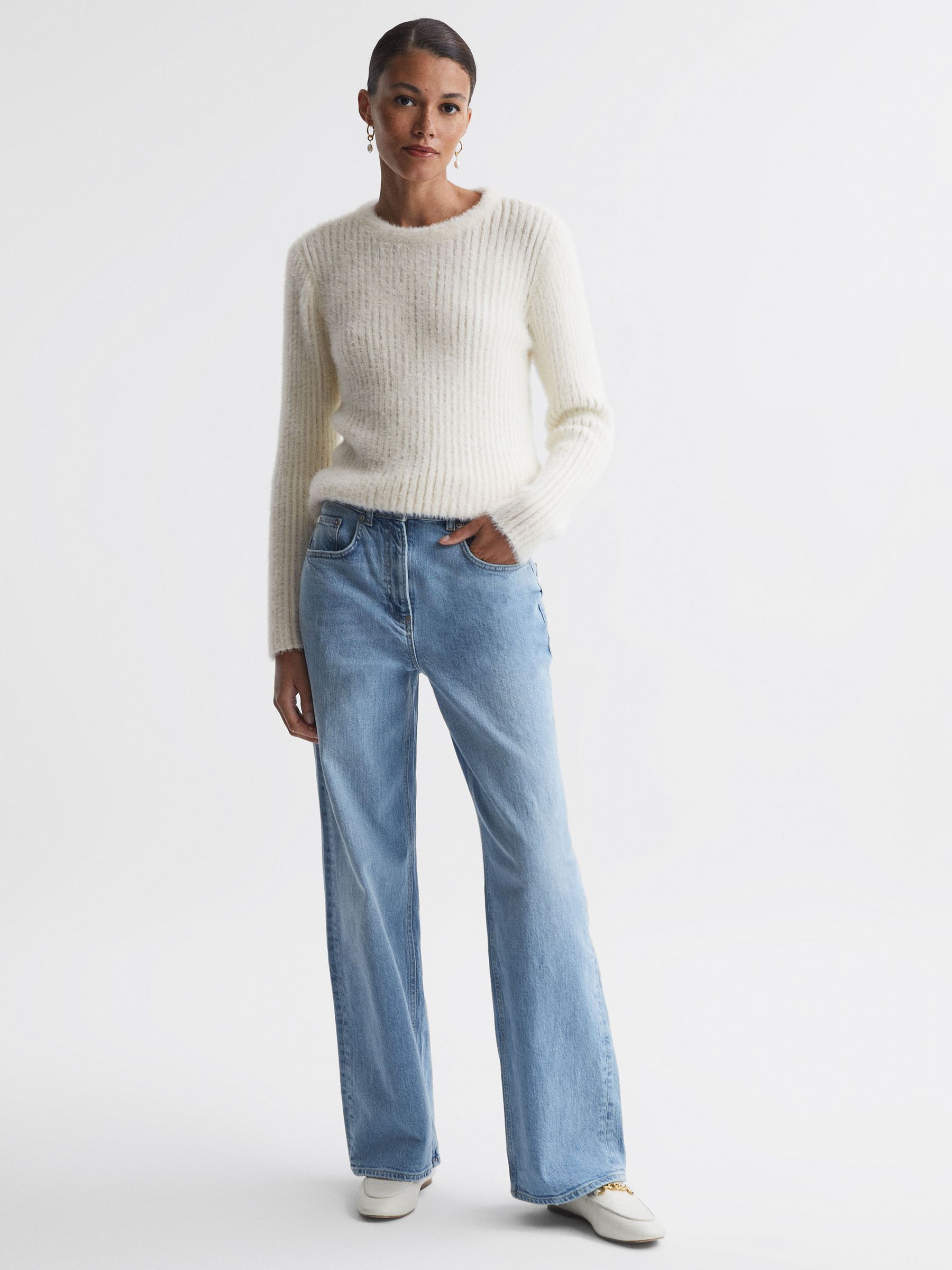 Ribbed Fluffy Crew Neck Jumper in Ivory - Image 4 of 5