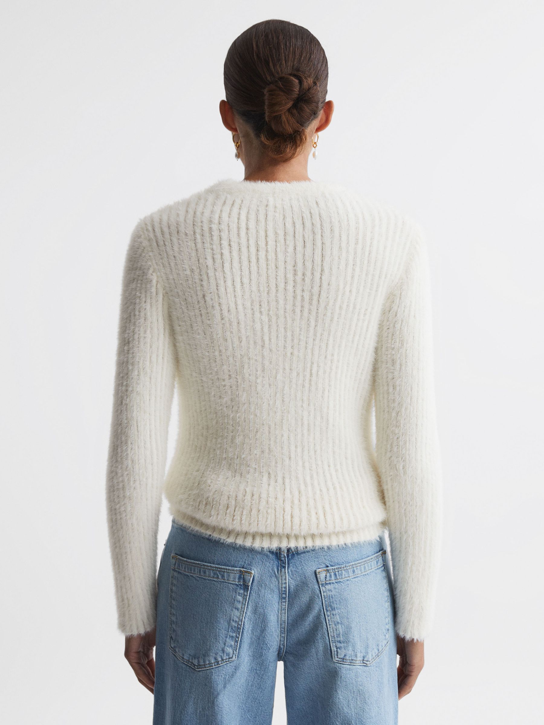 Ribbed Fluffy Crew Neck Jumper in Ivory - Image 5 of 5