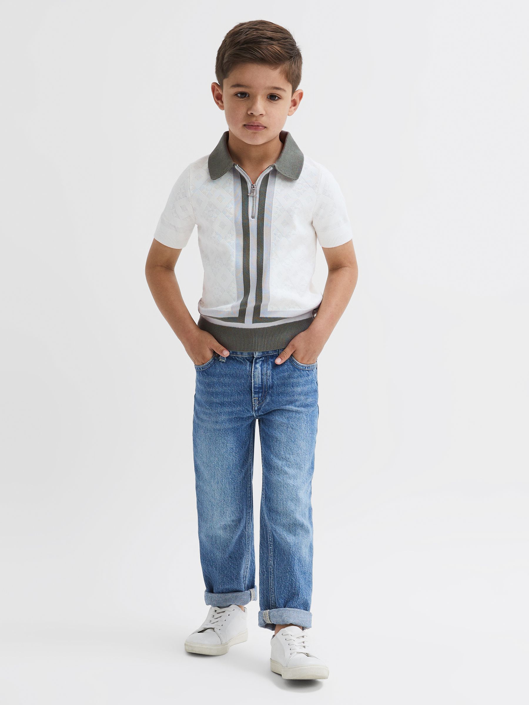 Senior Cotton Knitted Half-Zip Polo T-Shirt in Ecru/Green - Image 3 of 6