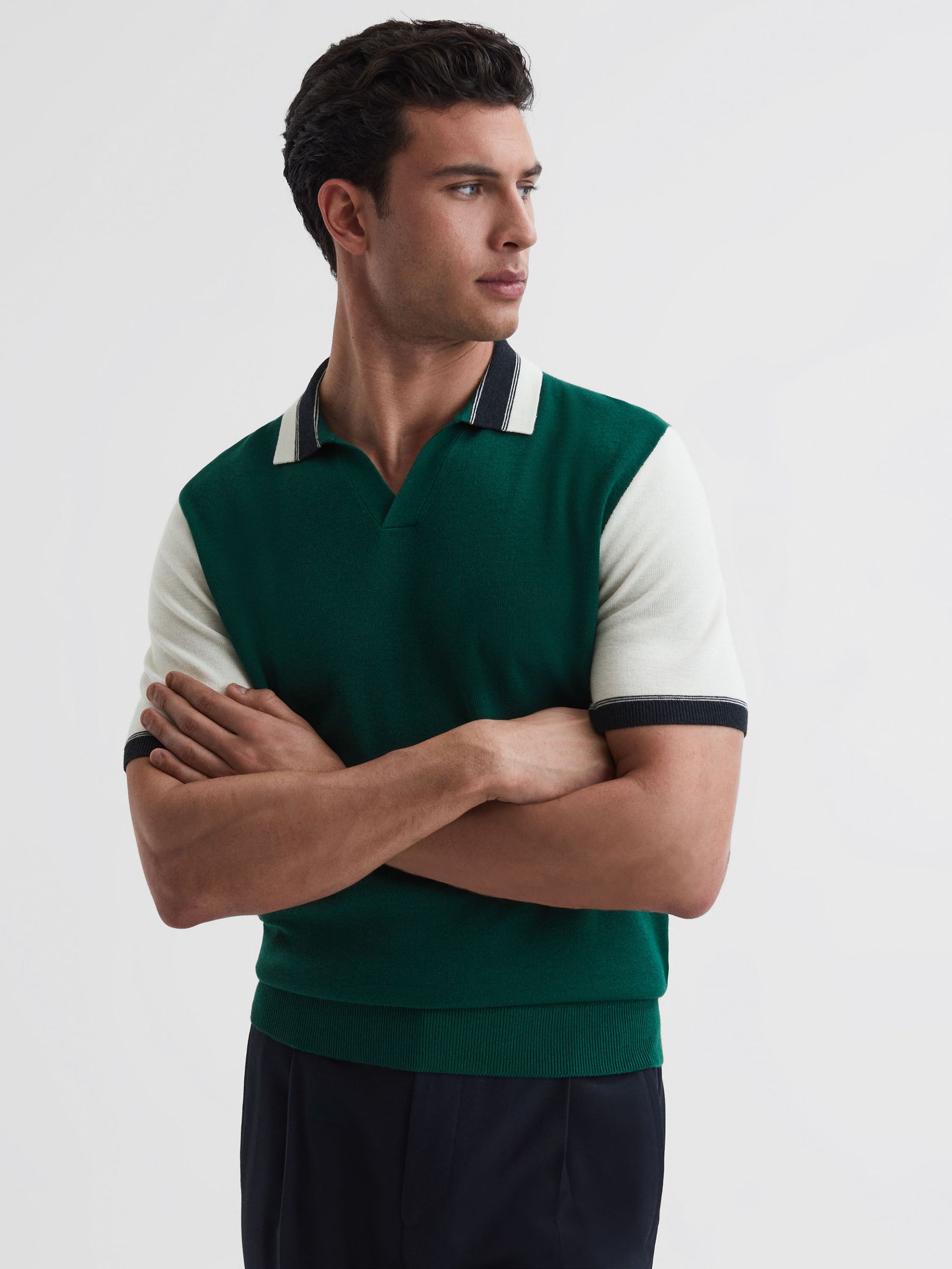 Open Collar Striped Polo Shirt in Bright Green/Ecru - Image 1 of 5