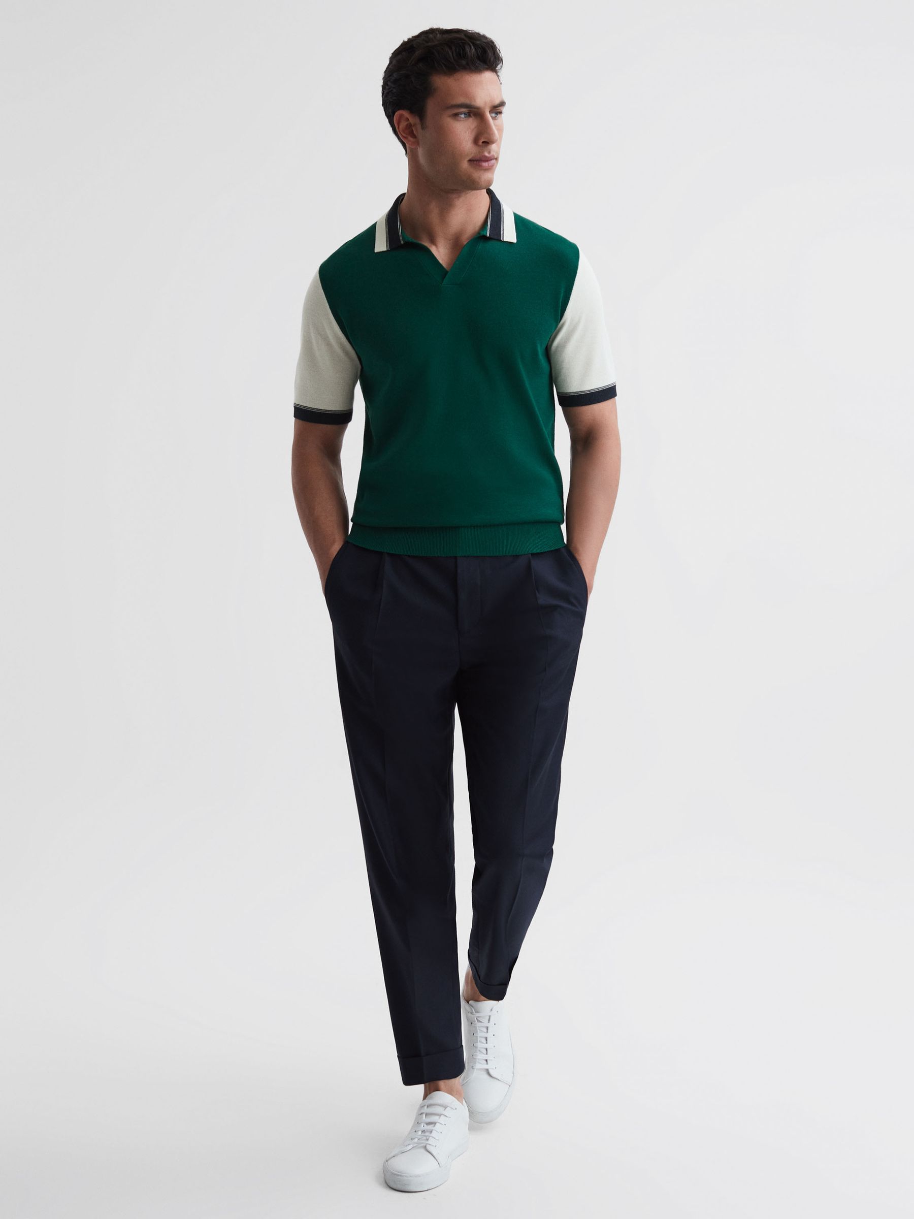 Open Collar Striped Polo Shirt in Bright Green/Ecru - Image 3 of 5