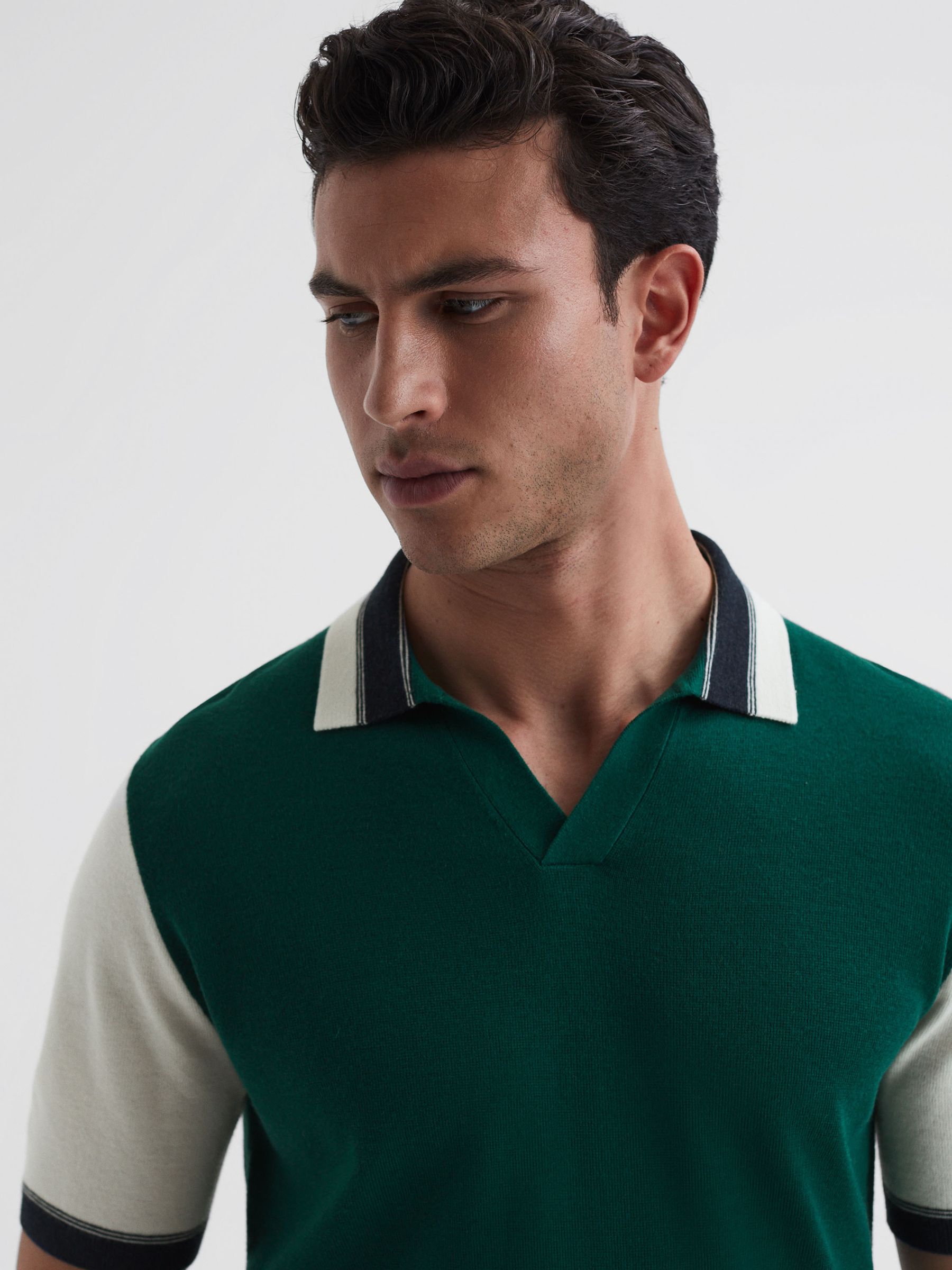 Open Collar Striped Polo Shirt in Bright Green/Ecru - Image 4 of 5