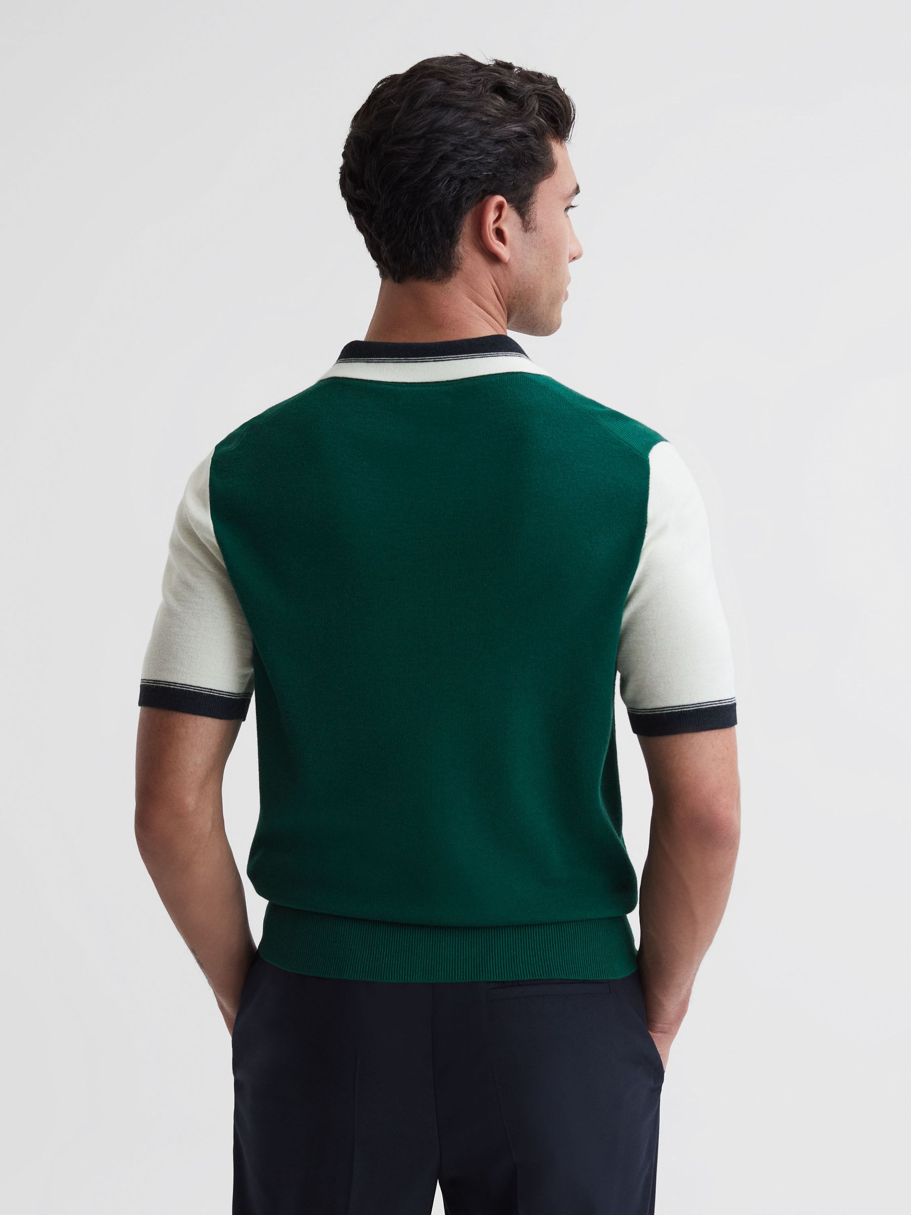 Open Collar Striped Polo Shirt in Bright Green/Ecru - Image 5 of 5