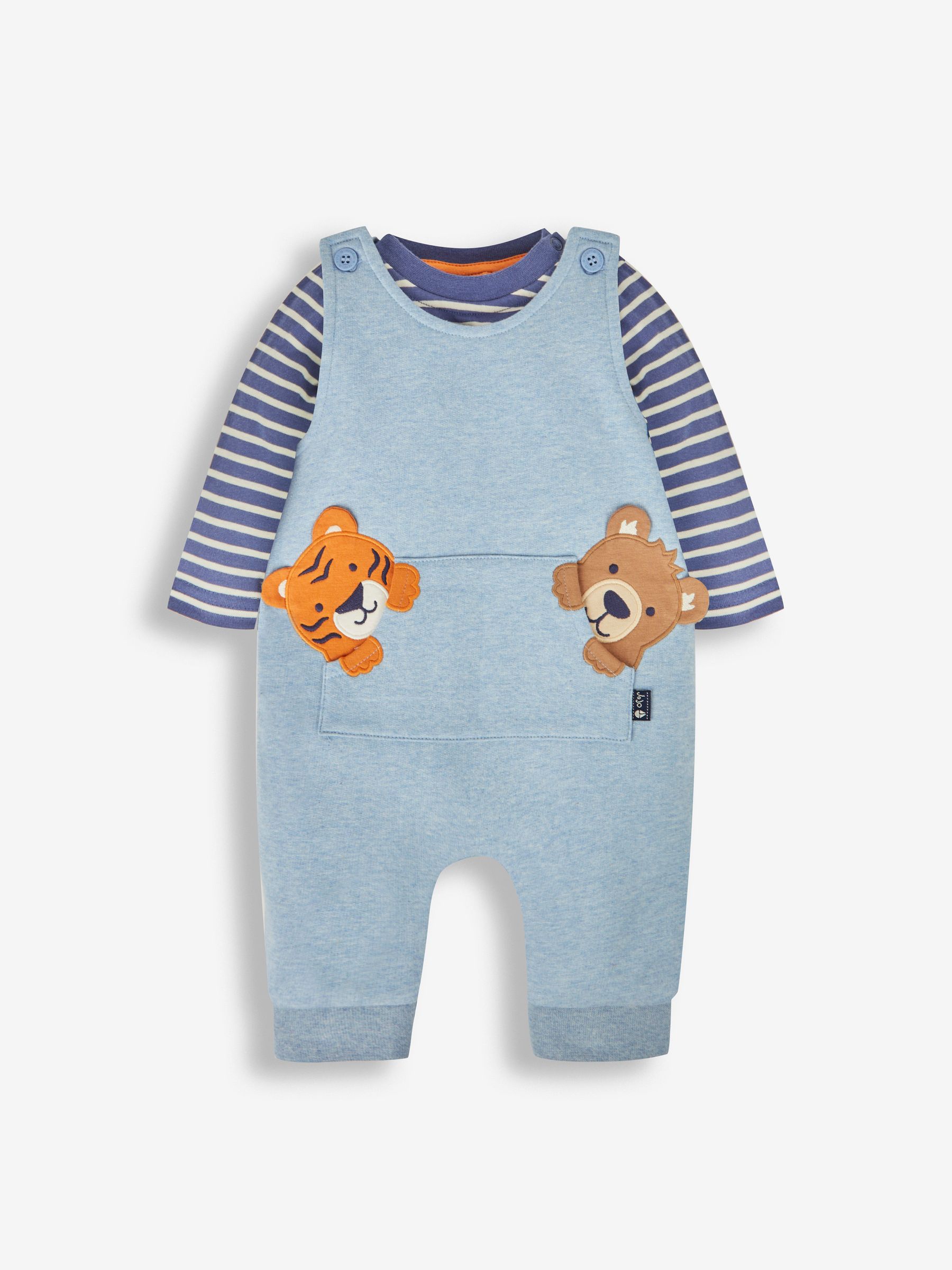 Marl Blue Tiger & Bear Boys' Bear Appliqué Dungarees & Stripe Top Set - Image 1 of 6