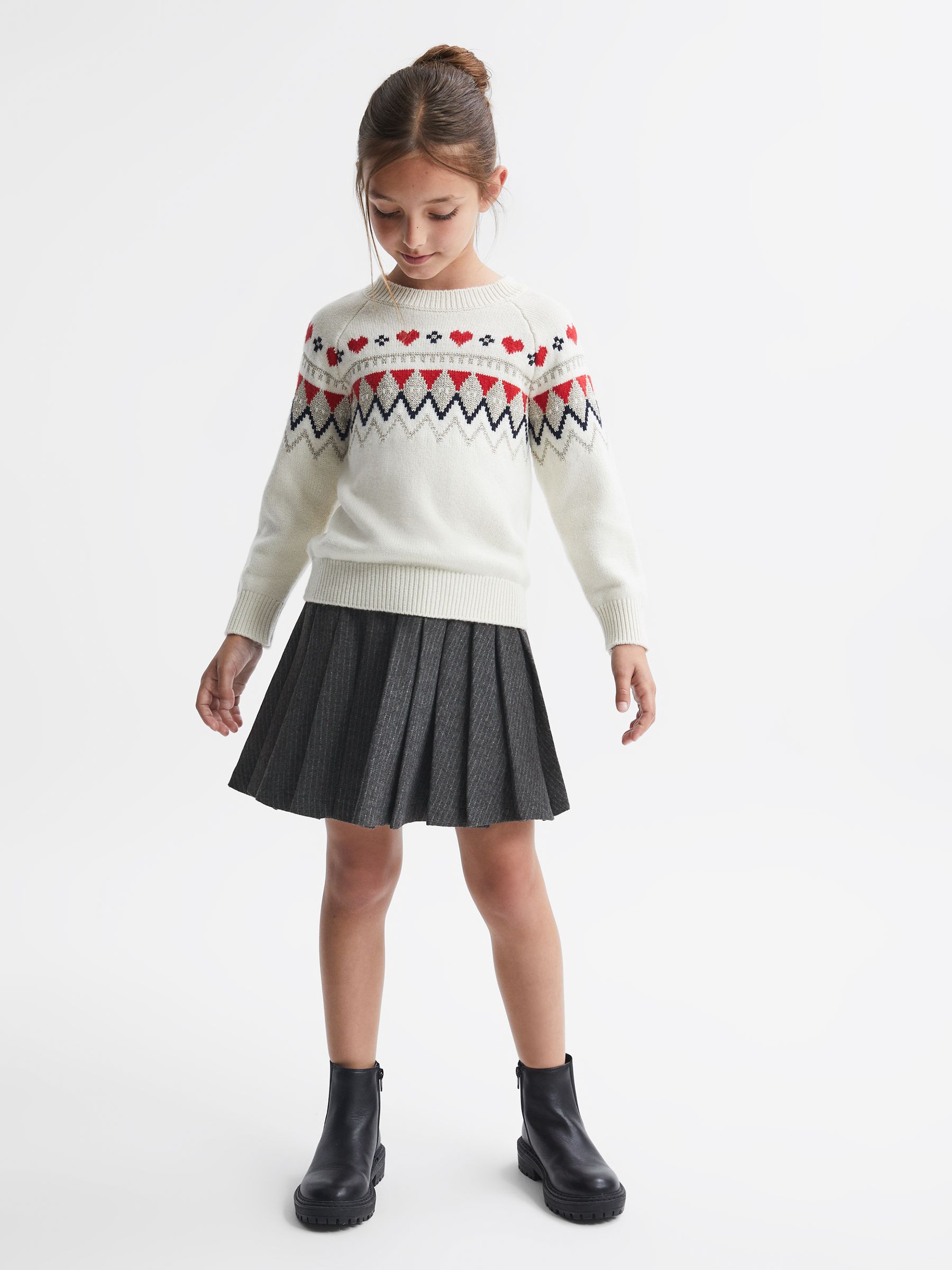 Wool Blend Striped Pleated Skirt in Dark Grey - Image 1 of 6