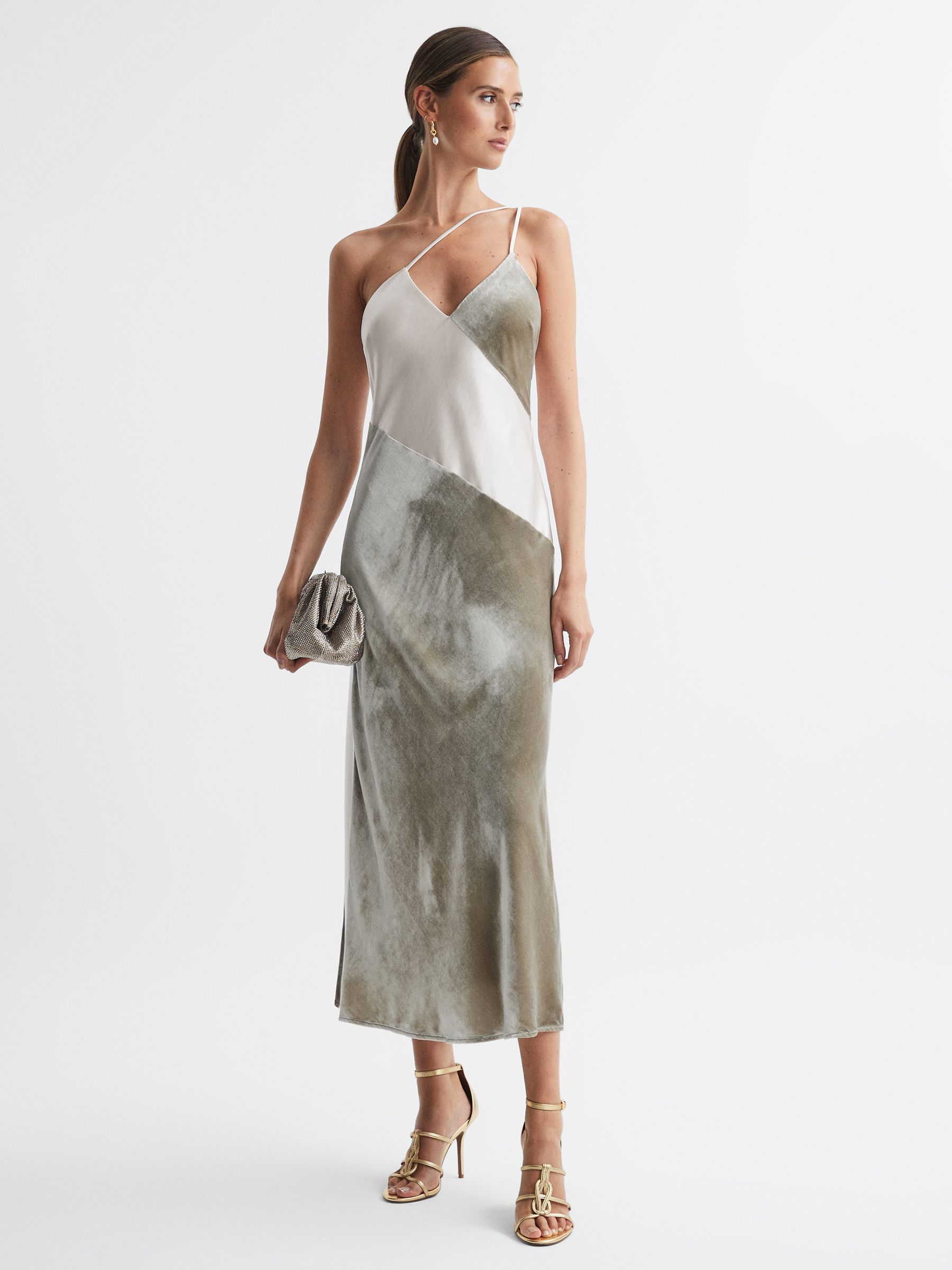 Silk-Velvet Asymmetric Strap Midi Dress in Silver - Image 1 of 6