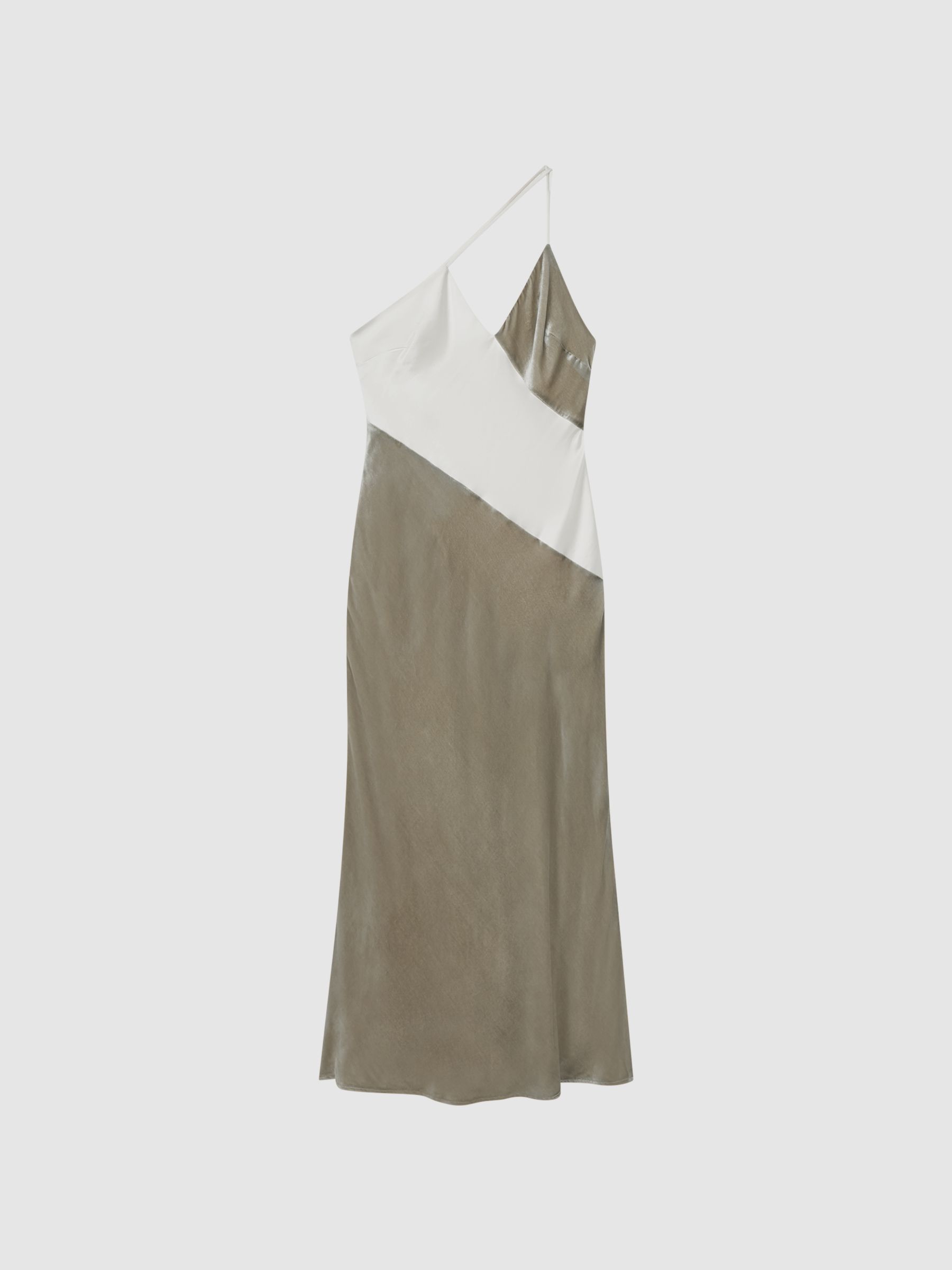 Silk-Velvet Asymmetric Strap Midi Dress in Silver - Image 2 of 6