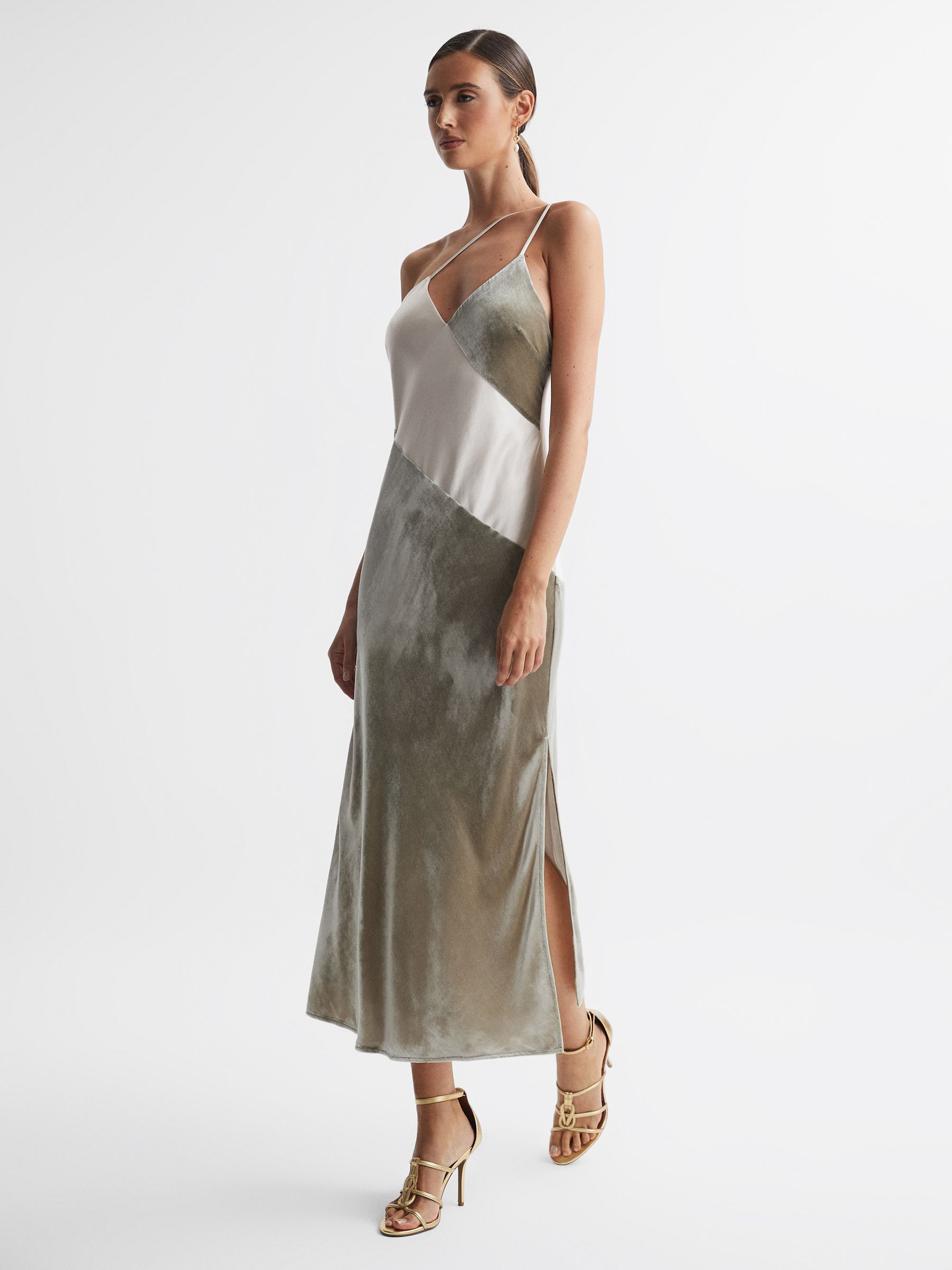 Silk-Velvet Asymmetric Strap Midi Dress in Silver - Image 3 of 6