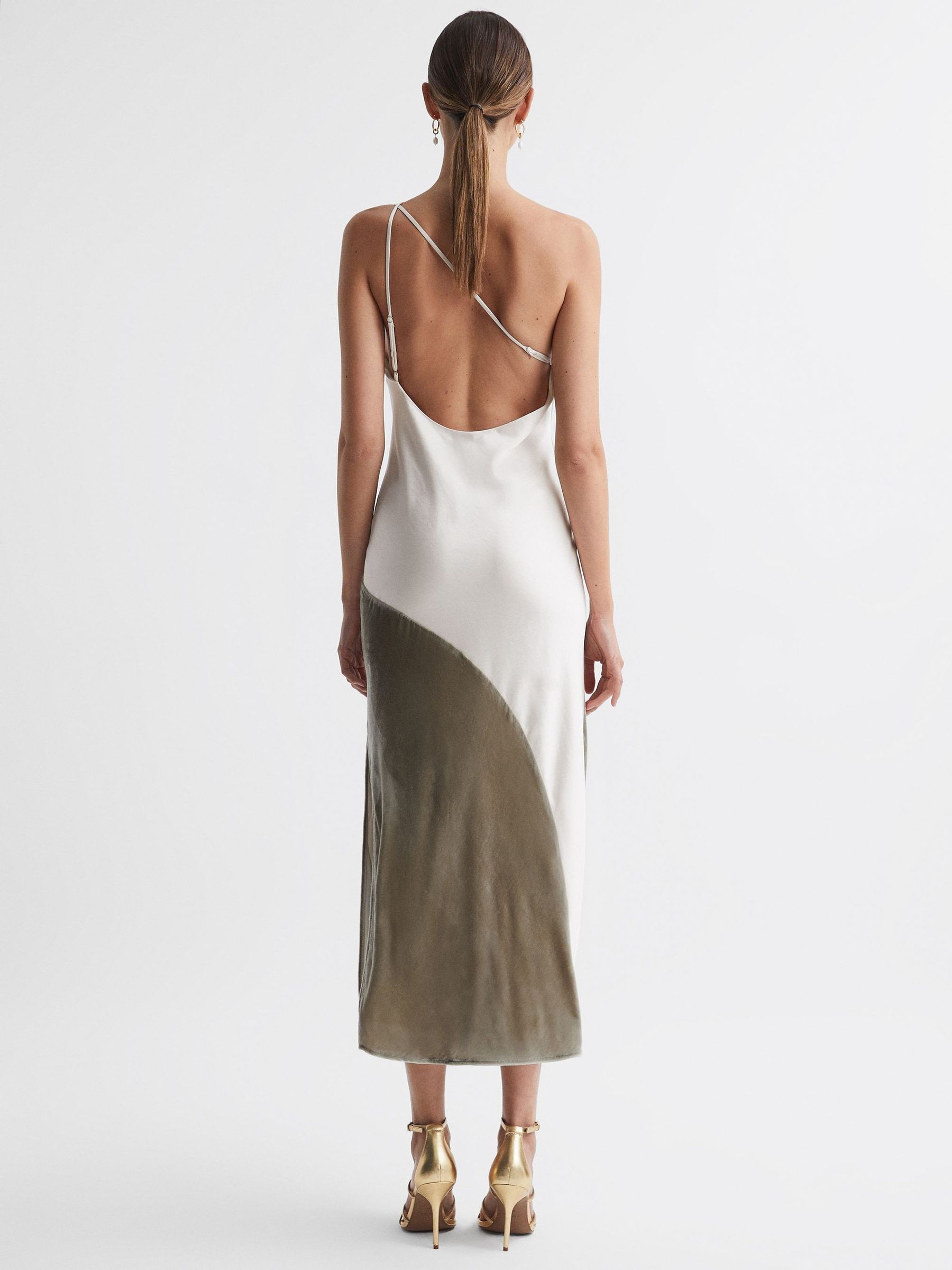 Silk-Velvet Asymmetric Strap Midi Dress in Silver - Image 5 of 6
