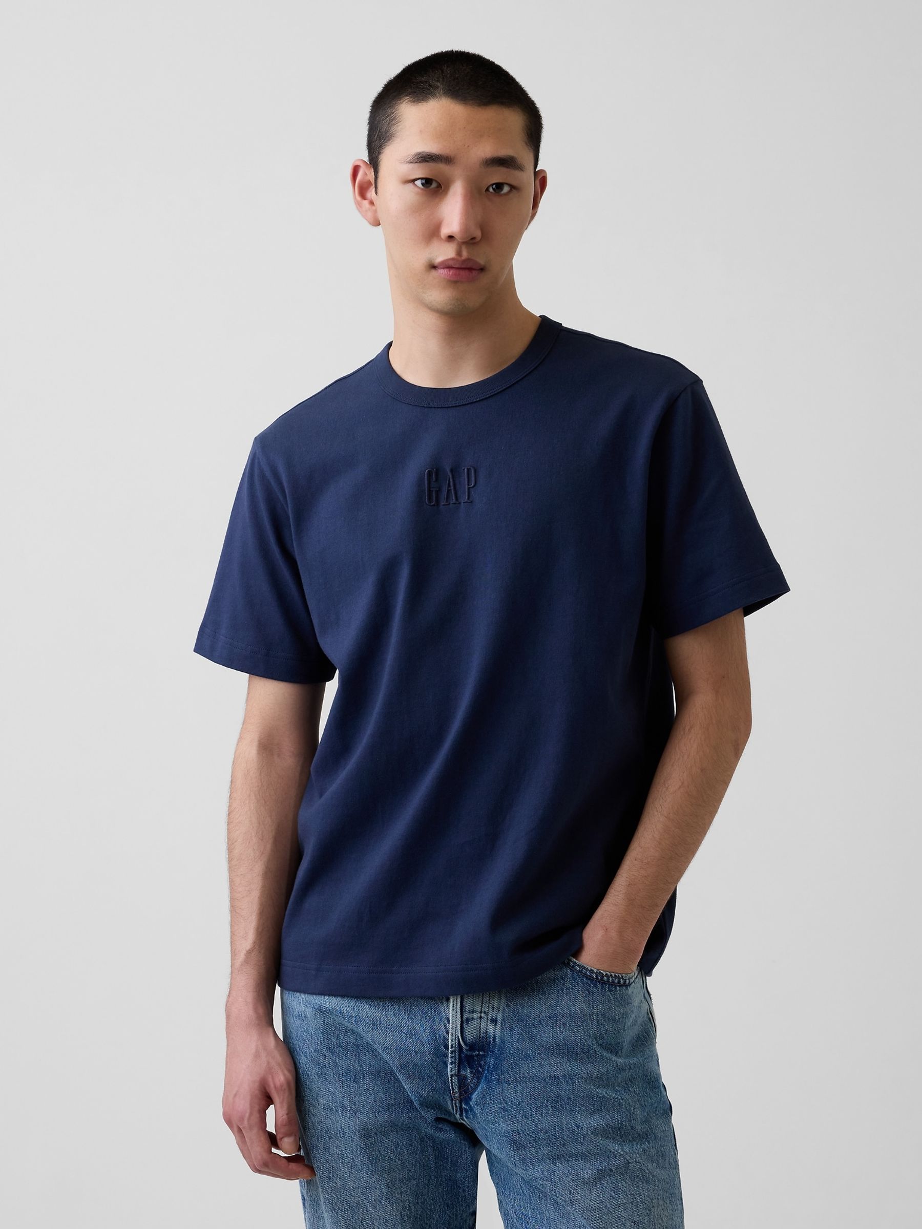 Navy Heavyweight Relaxed Logo Short Sleeve T-Shirt - Image 1 of 4