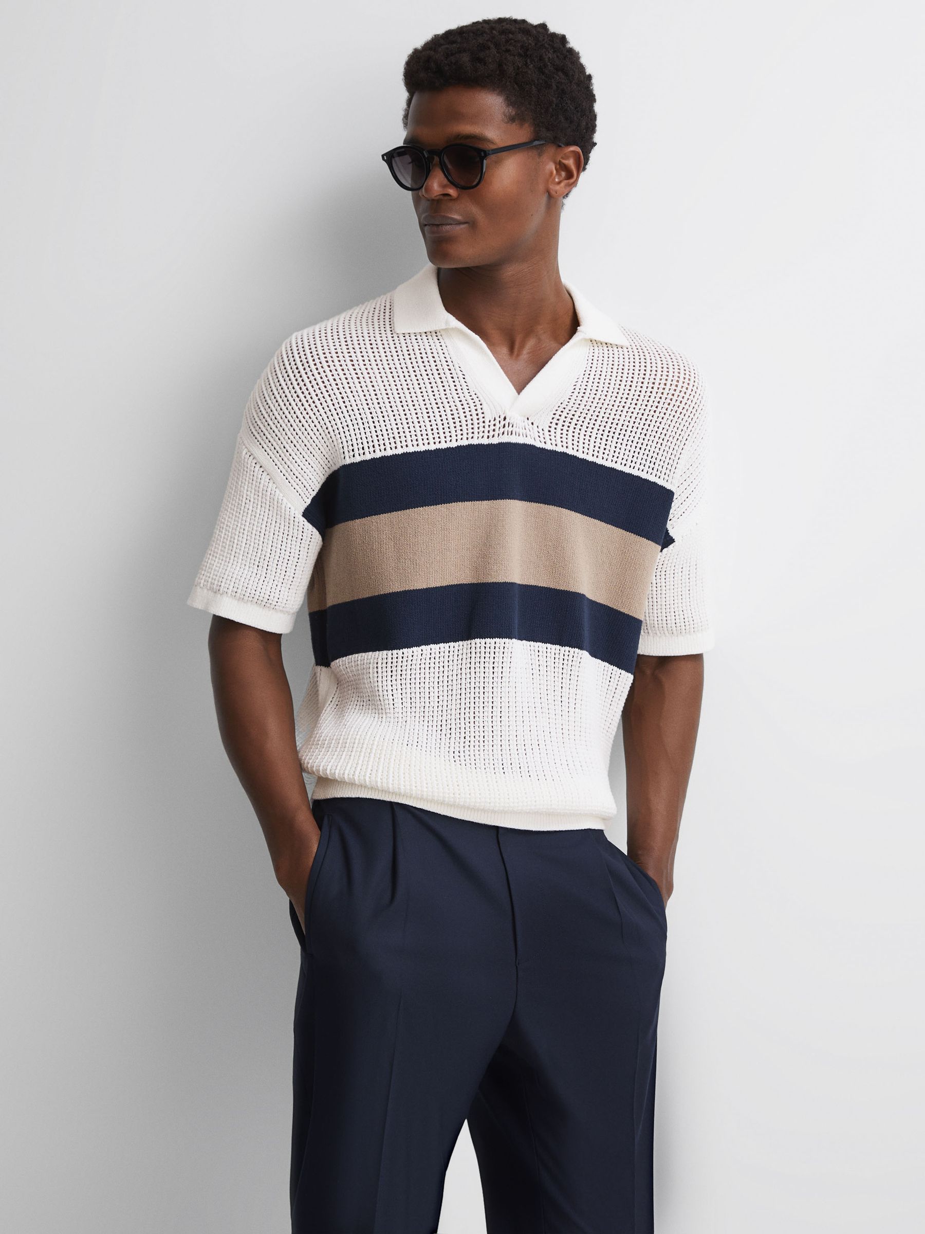 Reiss | Ché Crochet Open Collar Polo Shirt in Ecru - Image 1 of 5